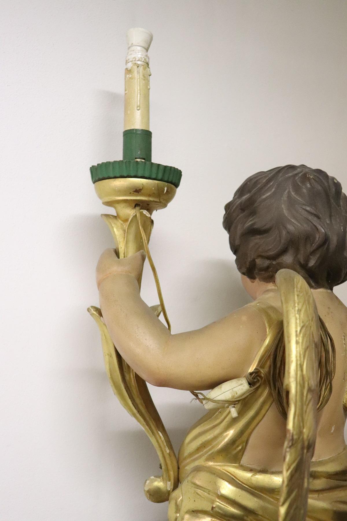 19th Century Italian Carved Wood Sculpture Painted and Gilded Angel Candlestick 6
