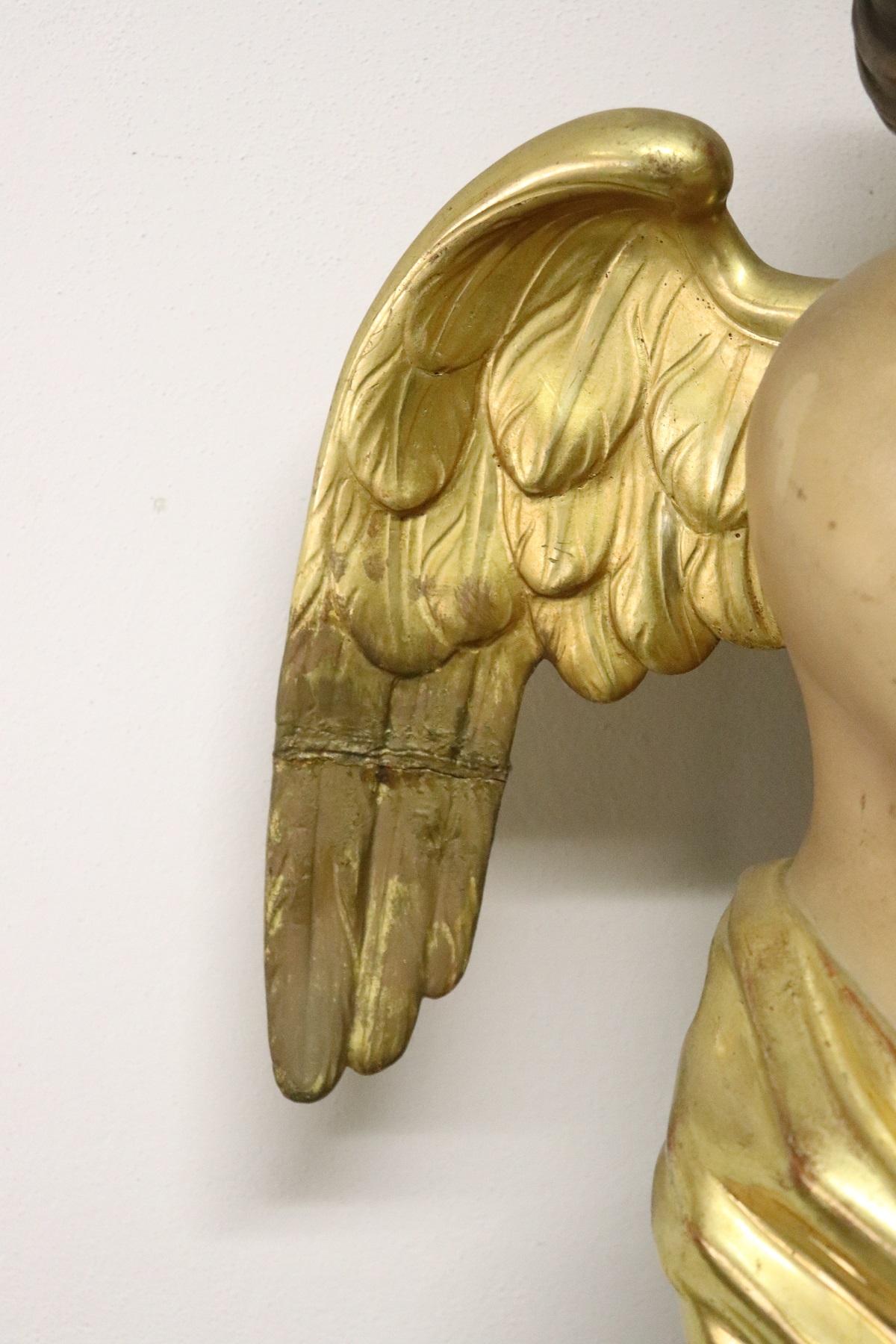 19th Century Italian Carved Wood Sculpture Painted and Gilded Angel Candlestick In Excellent Condition In Casale Monferrato, IT