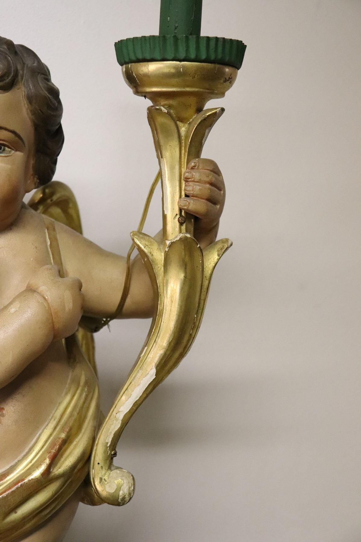 Mid-19th Century 19th Century Italian Carved Wood Sculpture Painted and Gilded Angel Candlestick