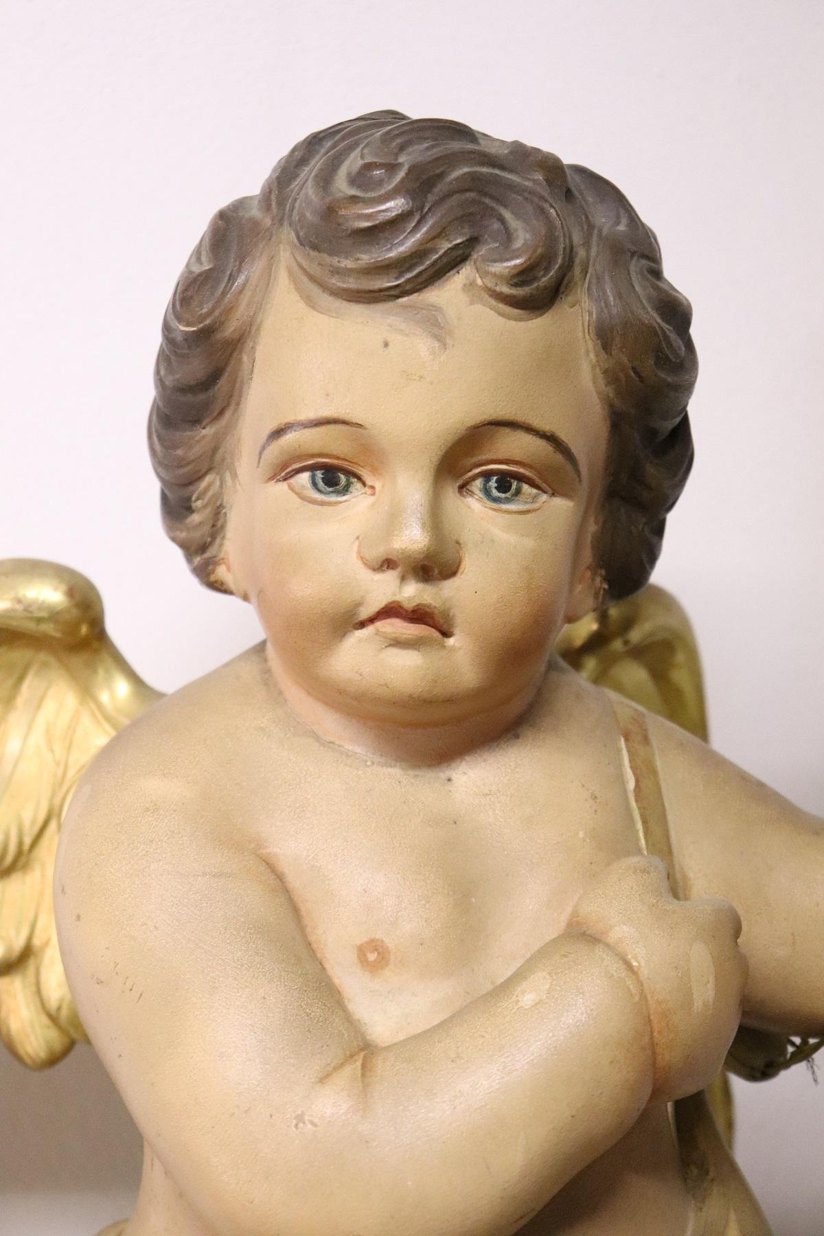 19th Century Italian Carved Wood Sculpture Painted and Gilded Angel Candlestick 1