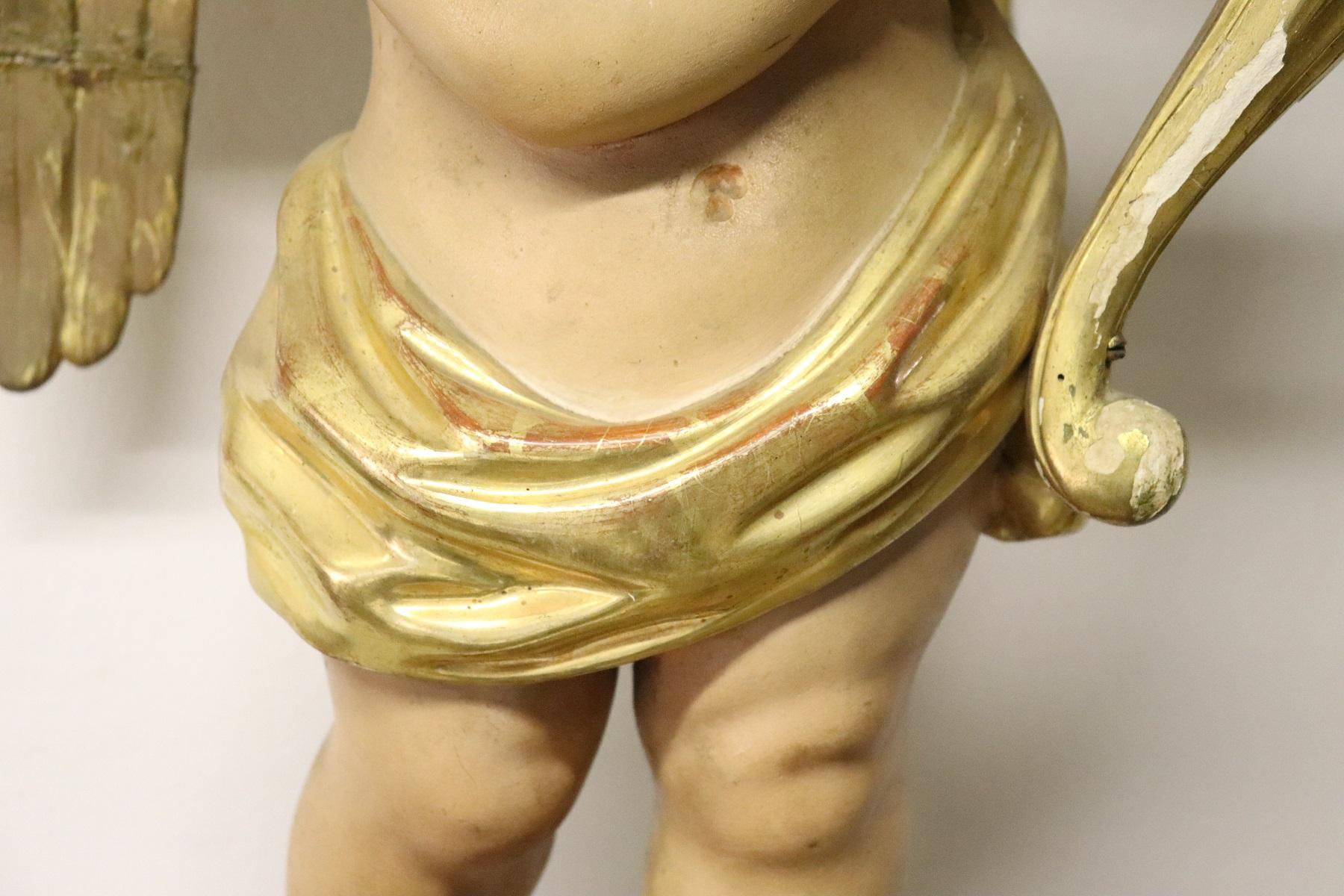 19th Century Italian Carved Wood Sculpture Painted and Gilded Angel Candlestick 2