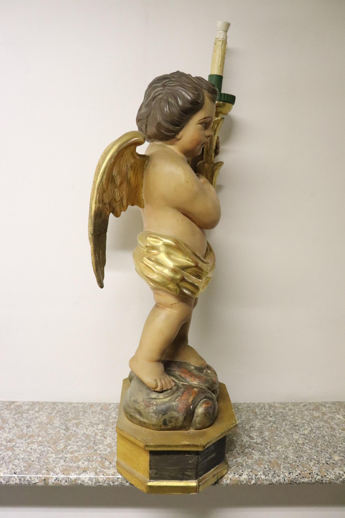 19th Century Italian Carved Wood Sculpture Painted and Gilded Angel Candlestick 3
