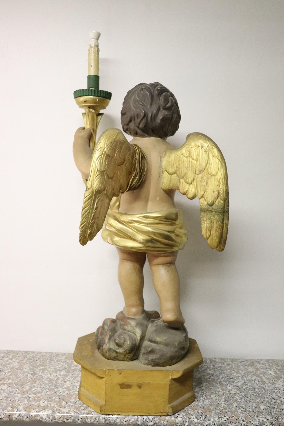 19th Century Italian Carved Wood Sculpture Painted and Gilded Angel Candlestick 5
