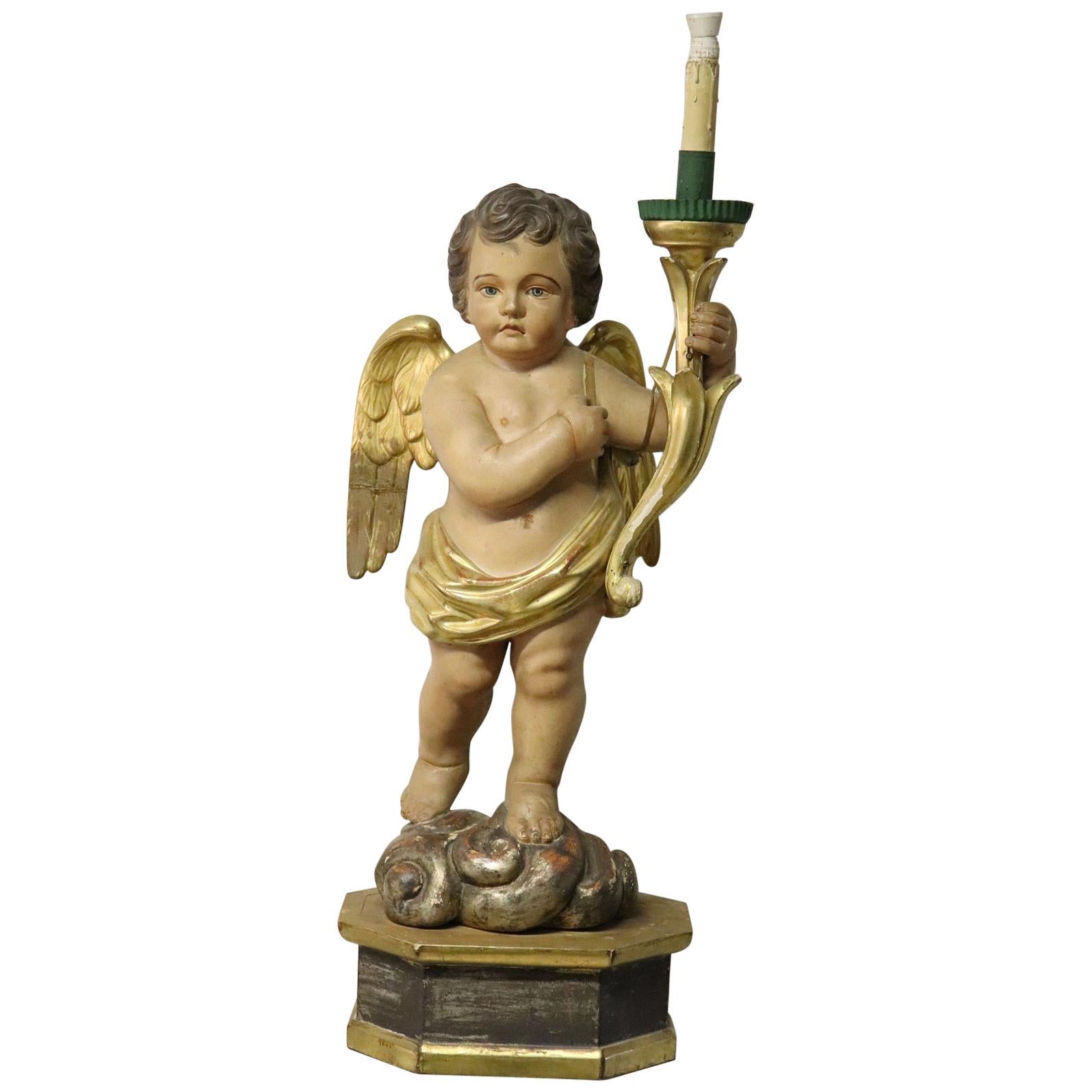 19th Century Italian Carved Wood Sculpture Painted and Gilded Angel Candlestick