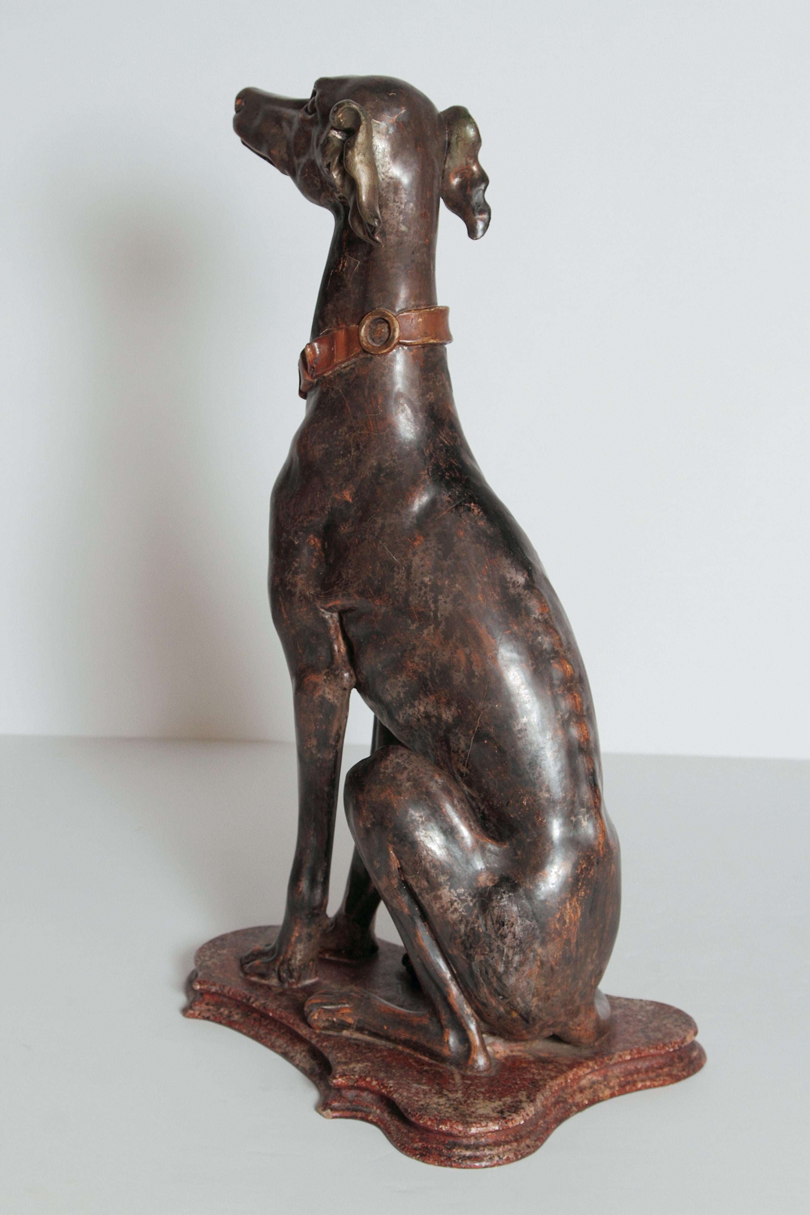 Romantic 19th Century Italian Carved Wood Seated Greyhound Sculpture