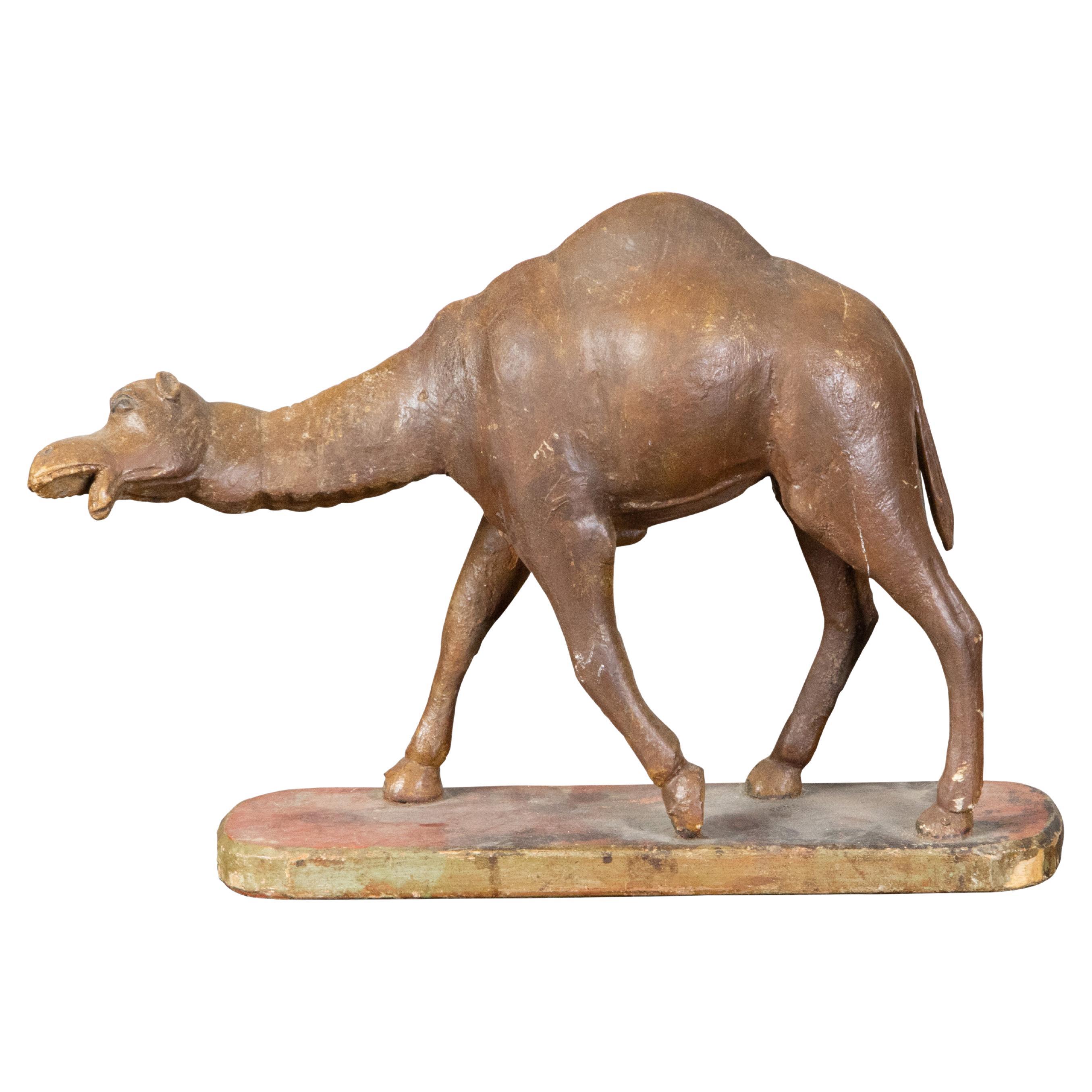 19th Century Italian Carved Wooden Dromedary Camel Sculpture on Oval Base For Sale