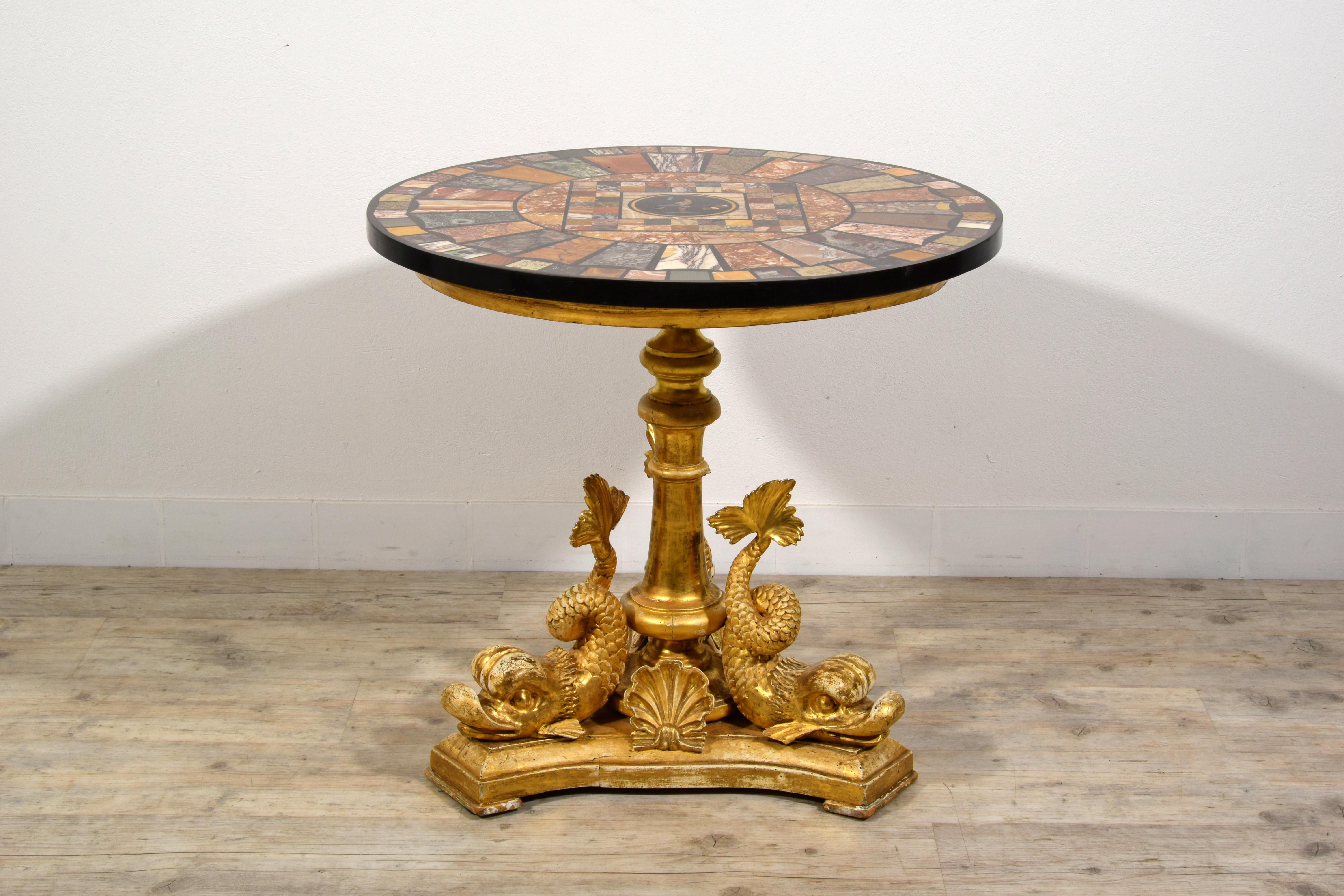 Neoclassical 19th Century, Italian Center Table with Marble Top Giltwood Base For Sale