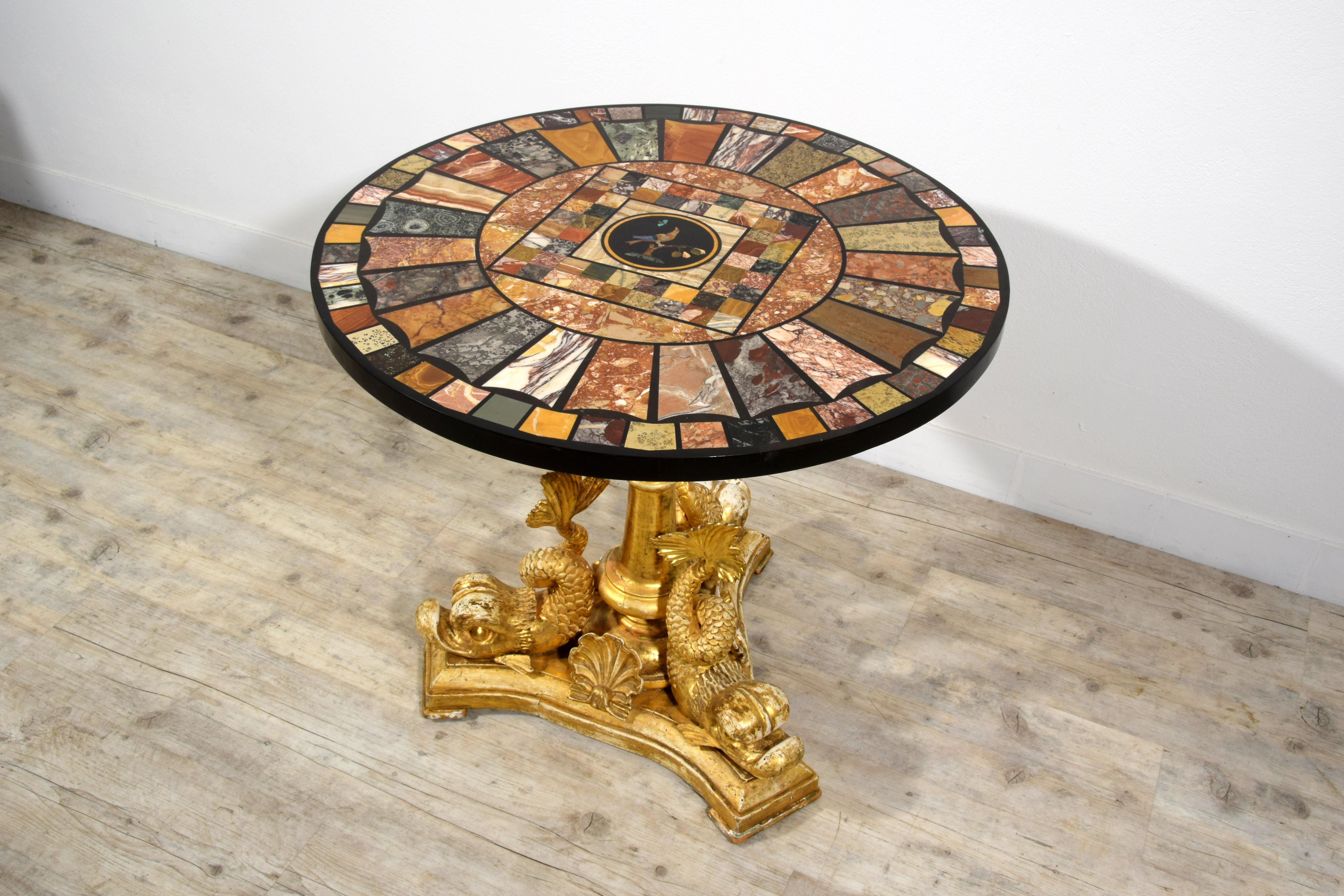 Hand-Carved 19th Century, Italian Center Table with Marble Top Giltwood Base For Sale