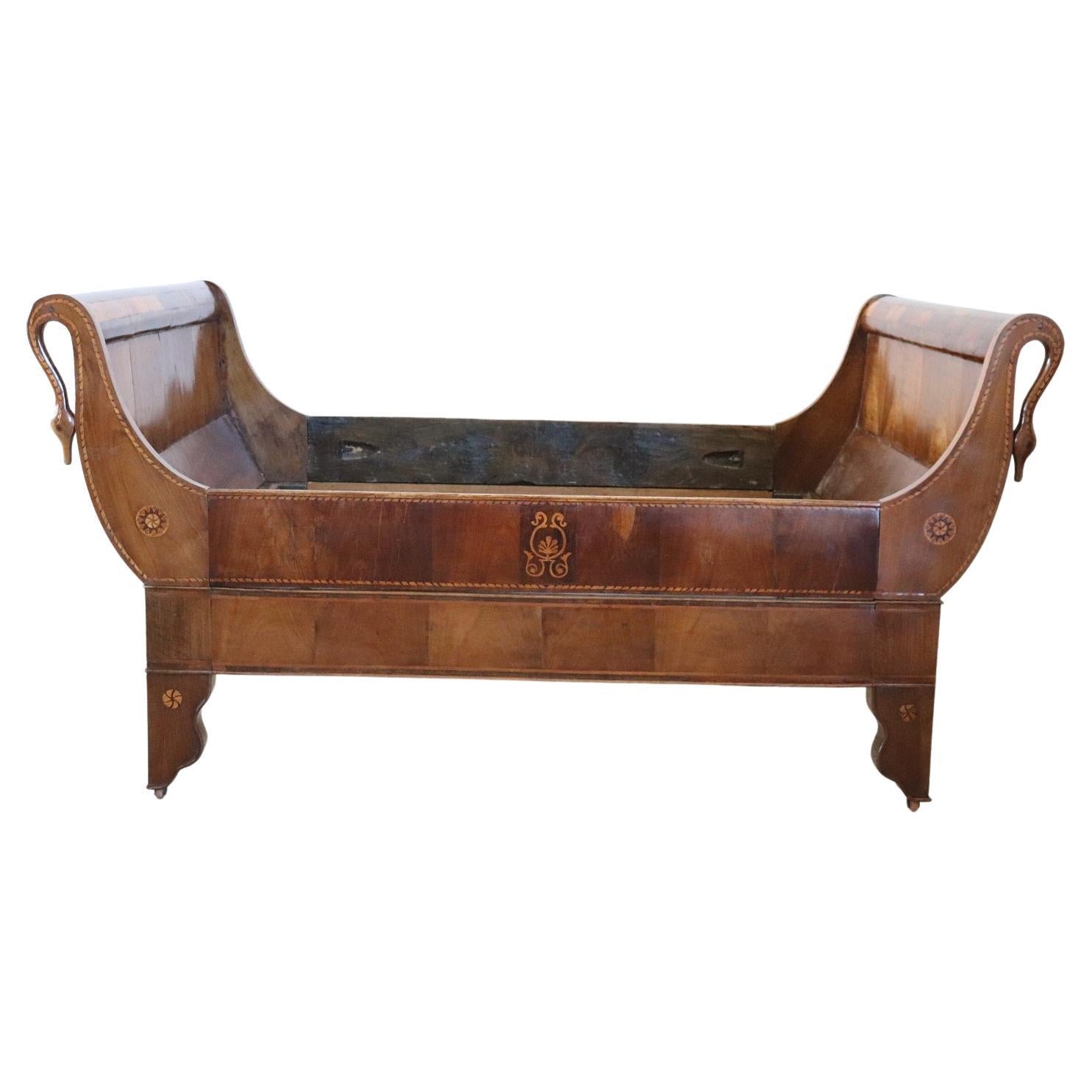 19th Century Italian Charles X Antique Walnut Inlaid Bed For Sale