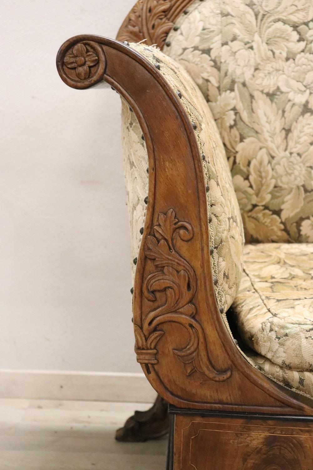 19th Century Italian Charles X Carved Walnut Antique Large Settee For Sale 2