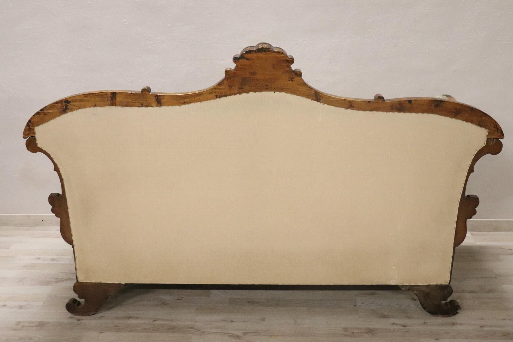 19th Century Italian Charles X Carved Walnut Antique Settee 3