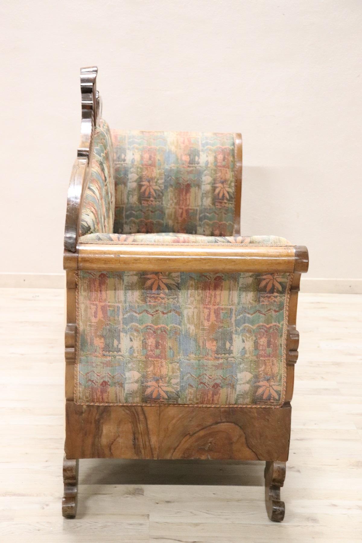 19th Century Italian Charles X Carved Walnut Antique Settee 2