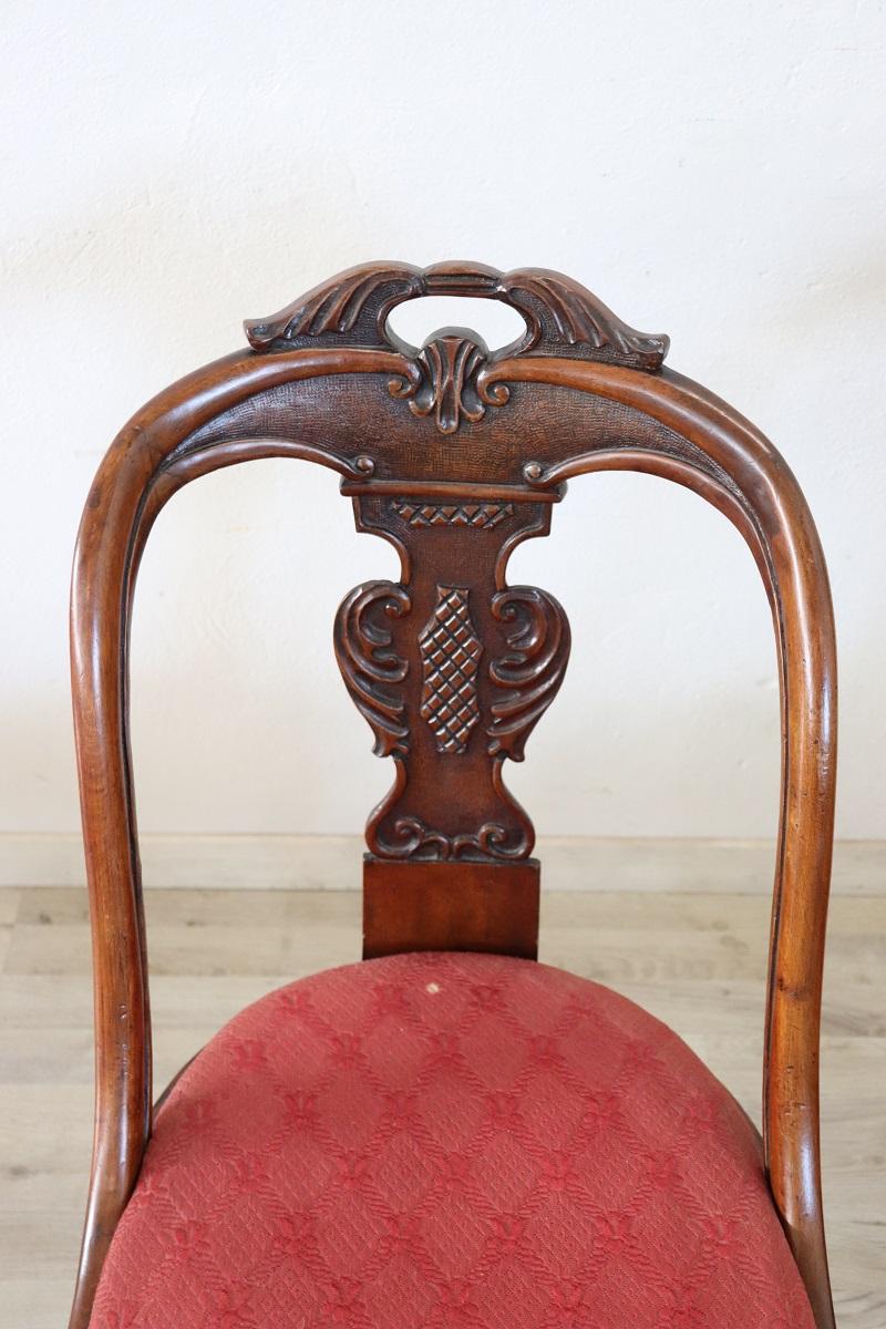 Hand-Carved 19th Century Italian Charles X Carved Walnut Set of 2 Antique Chairs For Sale