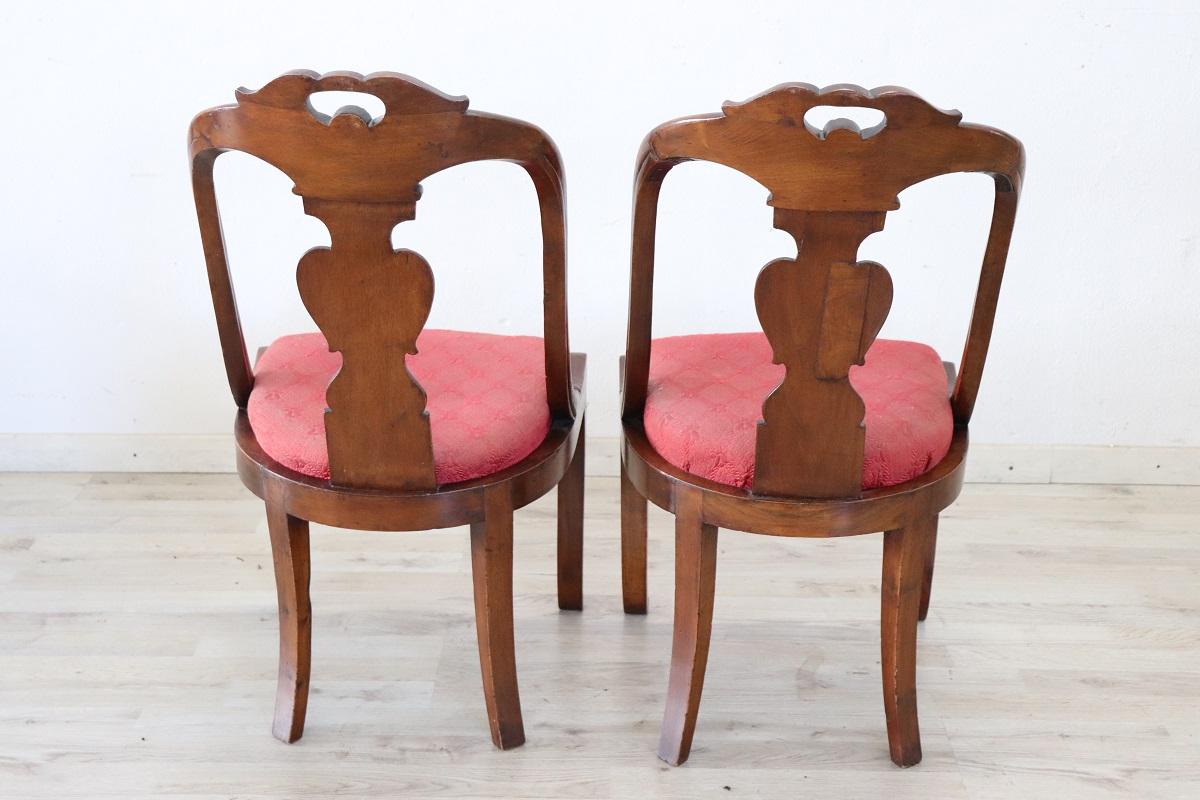 19th Century Italian Charles X Carved Walnut Set of 2 Antique Chairs For Sale 4