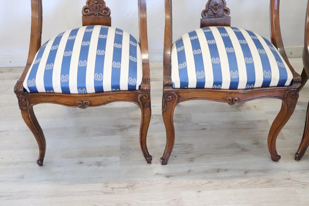 19th Century Italian Charles X Carved Walnut Set of Four Antique Chairs For Sale 5