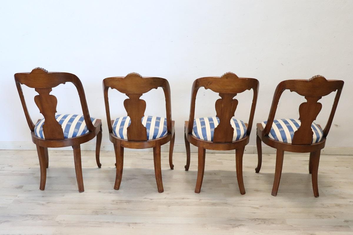 19th Century Italian Charles X Carved Walnut Set of Four Antique Chairs For Sale 6