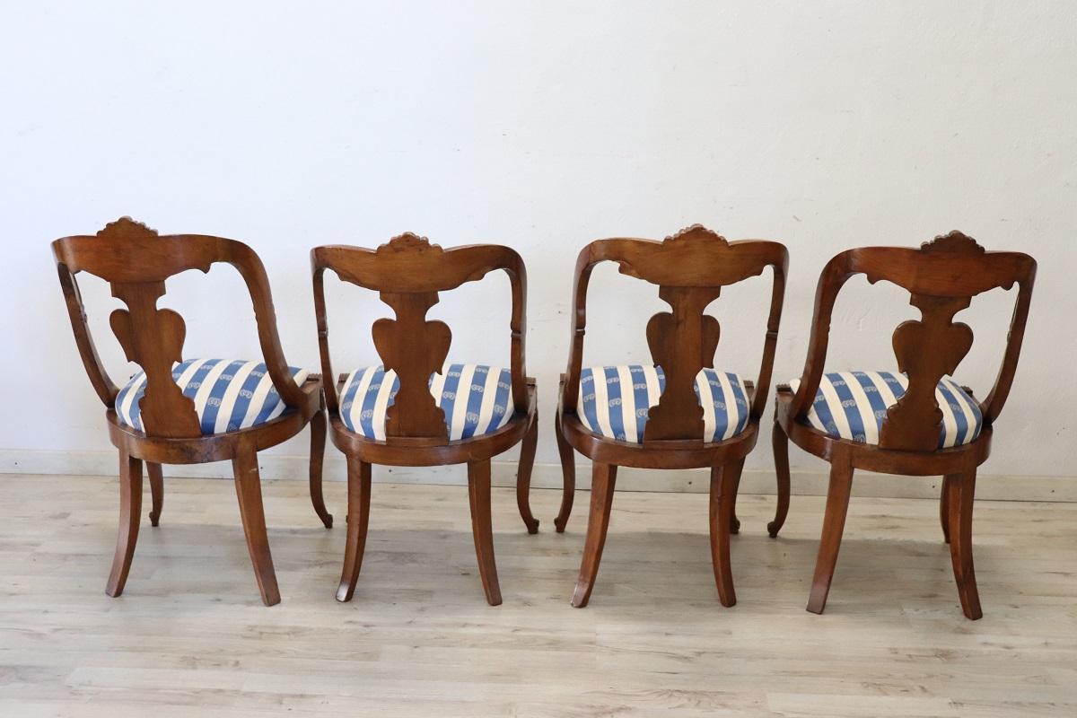 19th Century Italian Charles X Carved Walnut Set of Four Antique Chairs For Sale 7