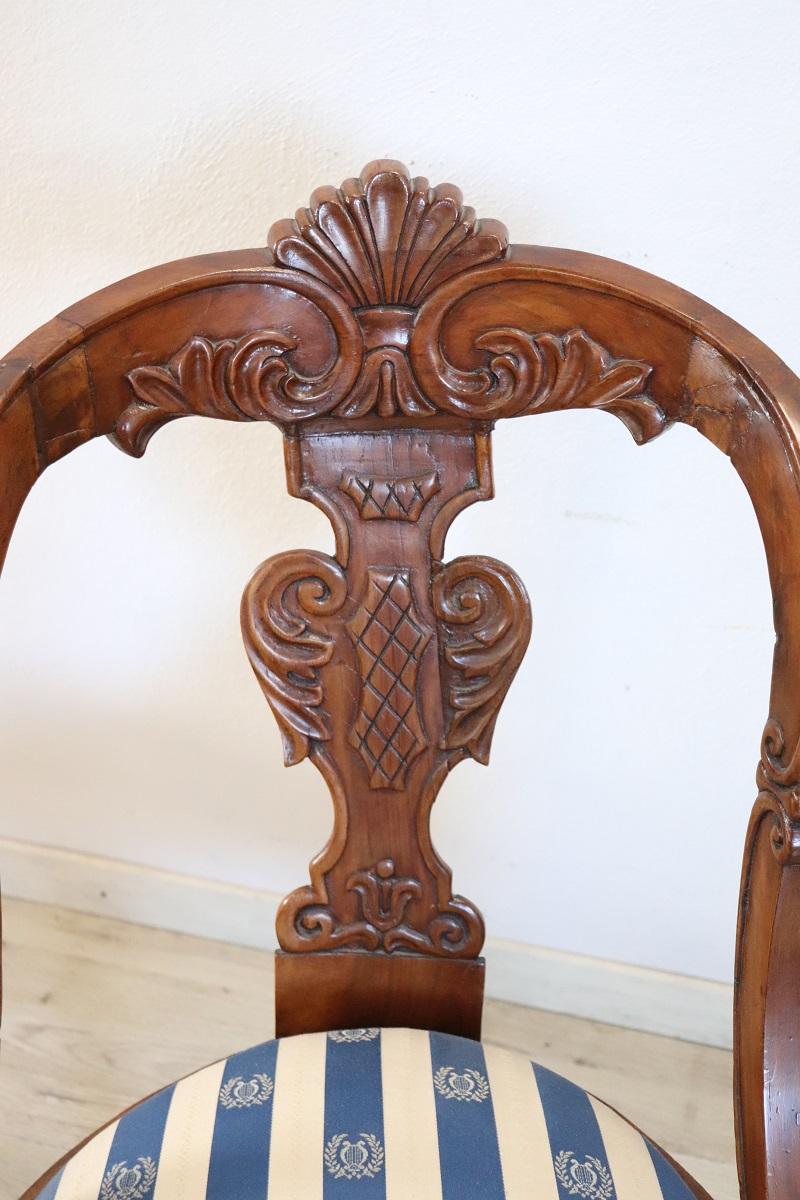 19th Century Italian Charles X Carved Walnut Set of Four Antique Chairs For Sale 8