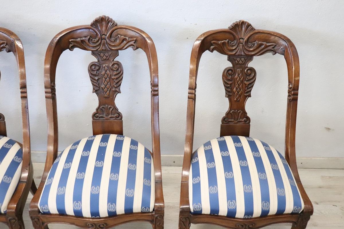 Early 19th Century 19th Century Italian Charles X Carved Walnut Set of Four Antique Chairs For Sale