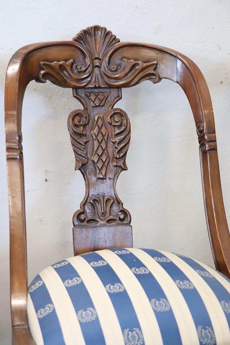 19th Century Italian Charles X Carved Walnut Set of Four Antique Chairs For Sale 4