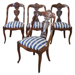 19th Century Italian Charles X Carved Walnut Set of Four Used Chairs