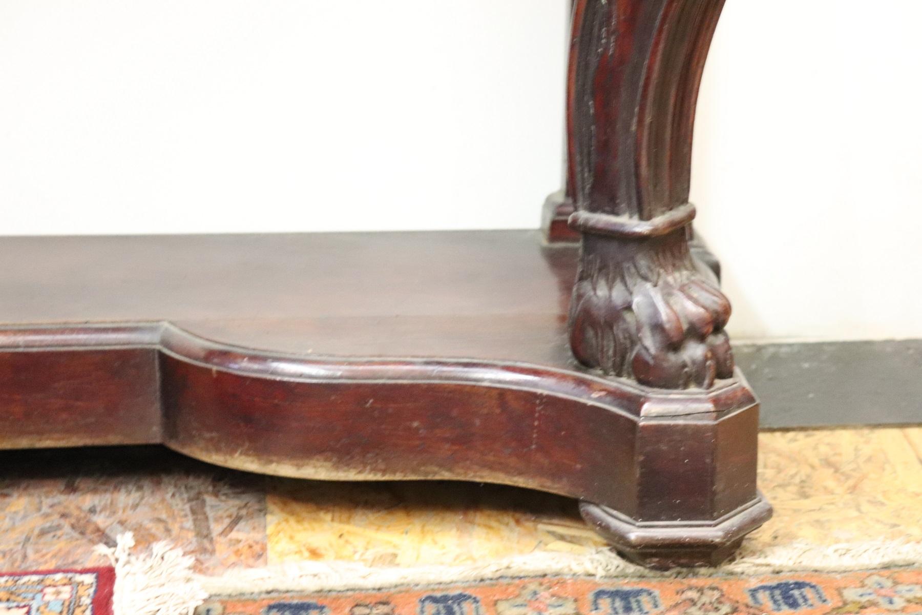 Mid-19th Century 19th Century Italian Charles X Carved Walnut Wood Console Table with Marble Top