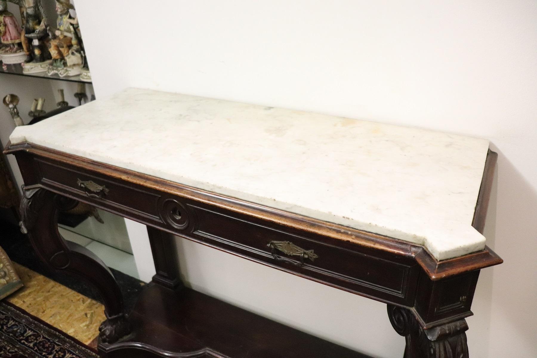 19th Century Italian Charles X Carved Walnut Wood Console Table with Marble Top 1