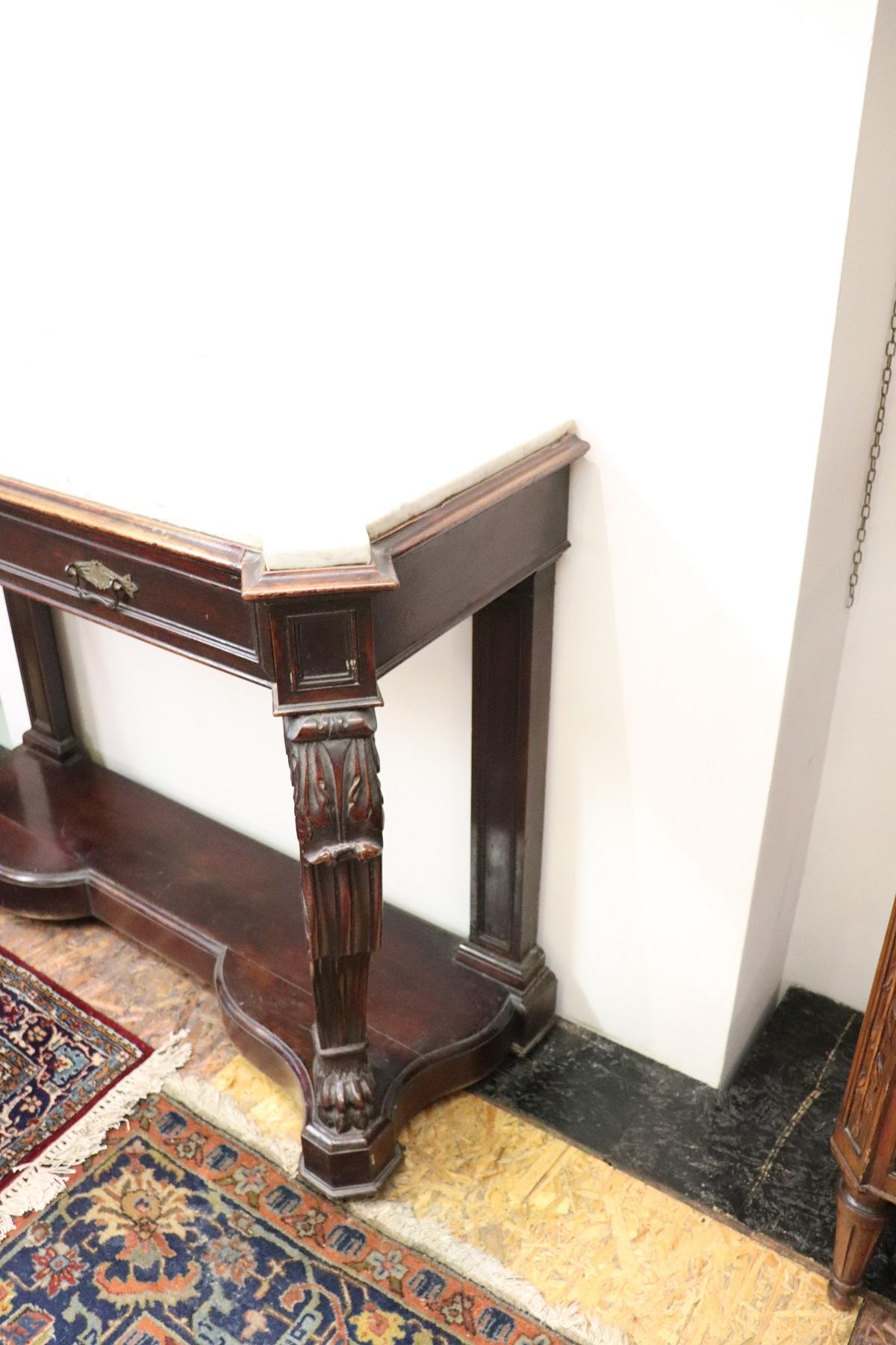 19th Century Italian Charles X Carved Walnut Wood Console Table with Marble Top 2