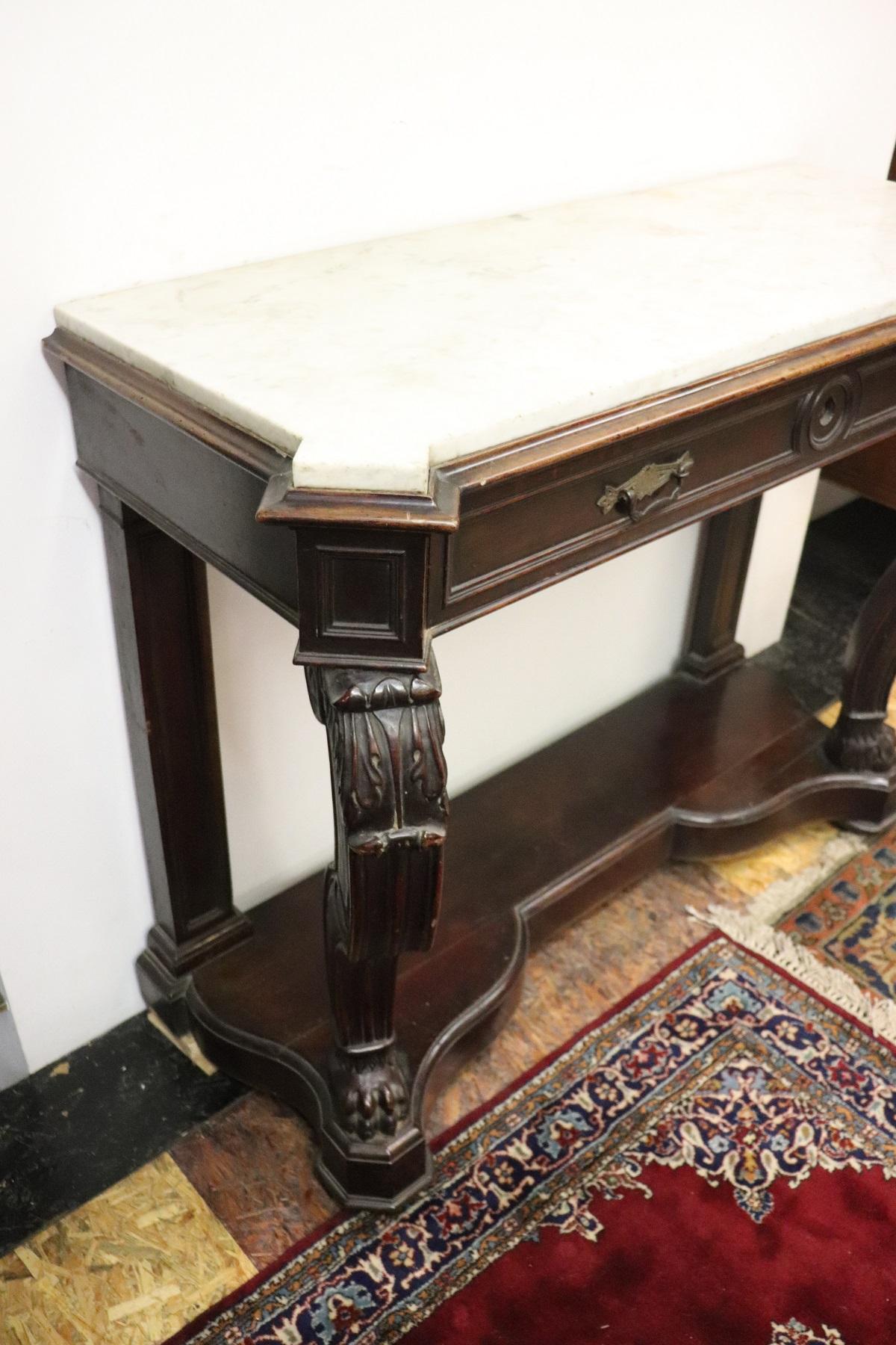 19th Century Italian Charles X Carved Walnut Wood Console Table with Marble Top 4