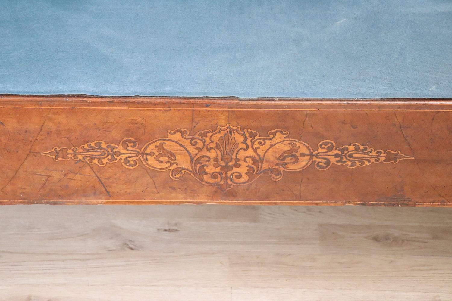Inlay 19th Century Italian Charles X Inlaid Walnut Antique Large Settee For Sale
