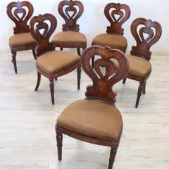 19th Century Italian Charles X Inlaid Walnut Set of Six Antique Elegant Chairs