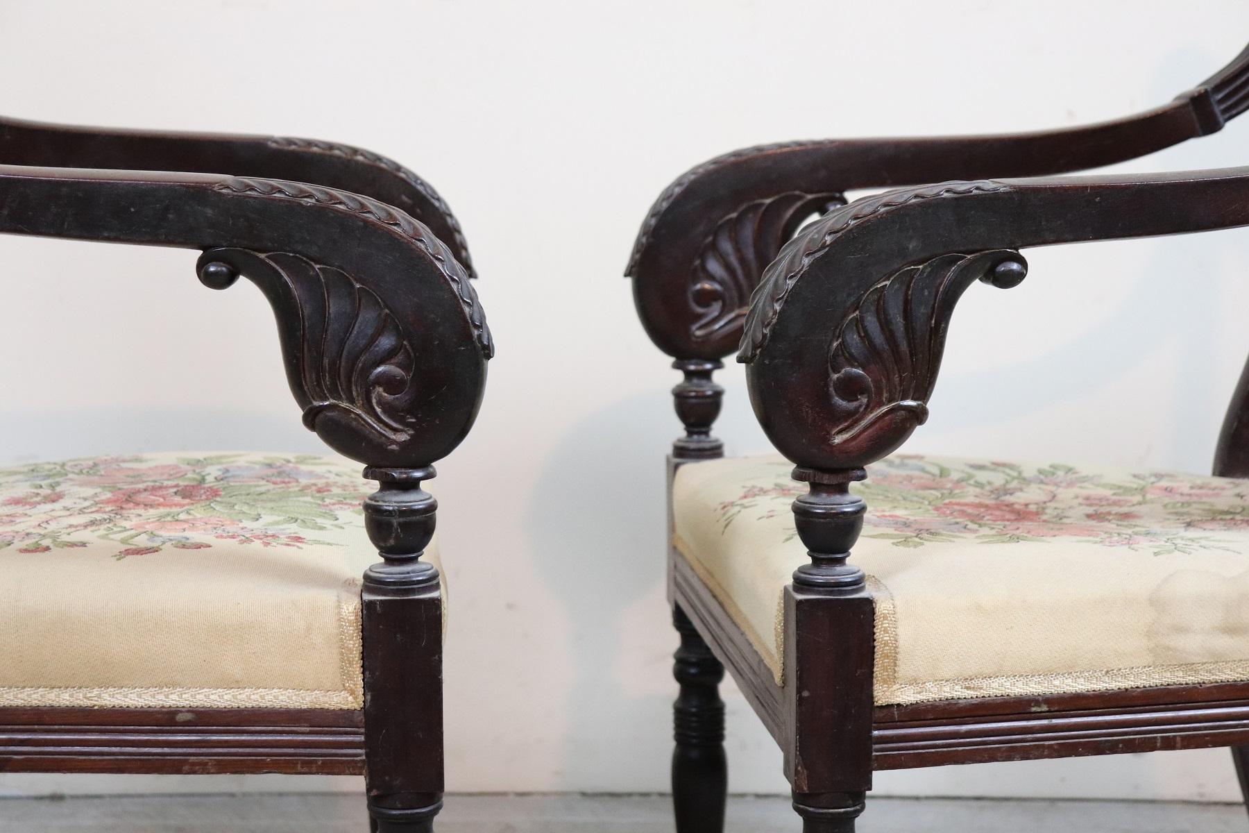 19th Century Italian Charles X Mahogany Carved Pair of Armchairs, Enrico Peter 6