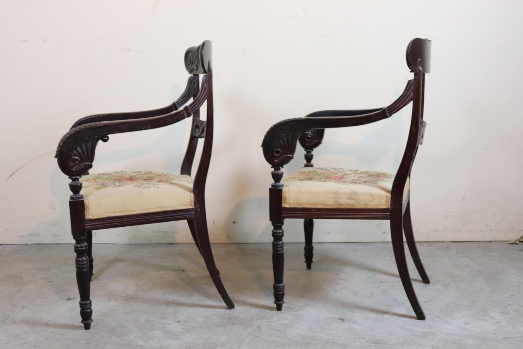 19th Century Italian Charles X Mahogany Carved Pair of Armchairs, Enrico Peter 1