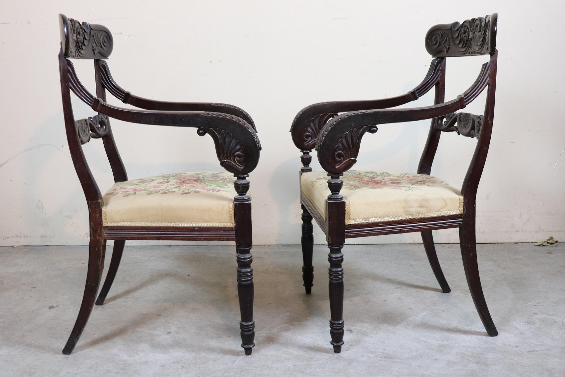 19th Century Italian Charles X Mahogany Carved Pair of Armchairs, Enrico Peter 5