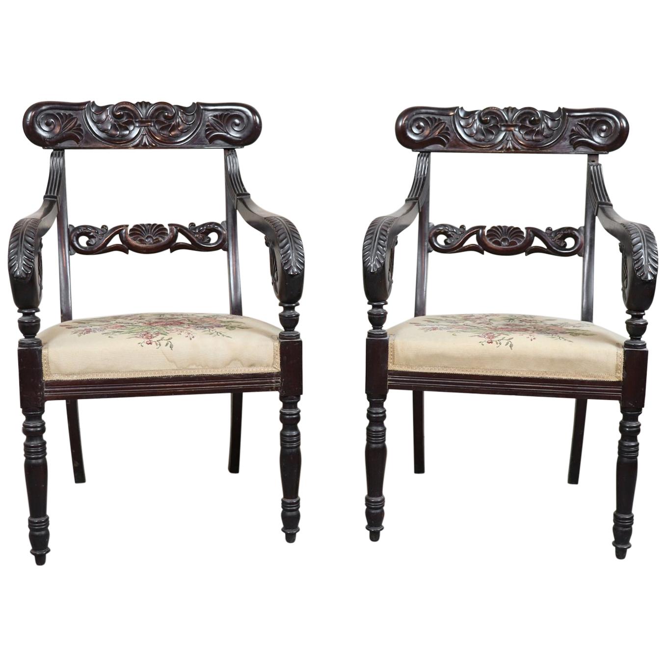 19th Century Italian Charles X Mahogany Carved Pair of Armchairs, Enrico Peter