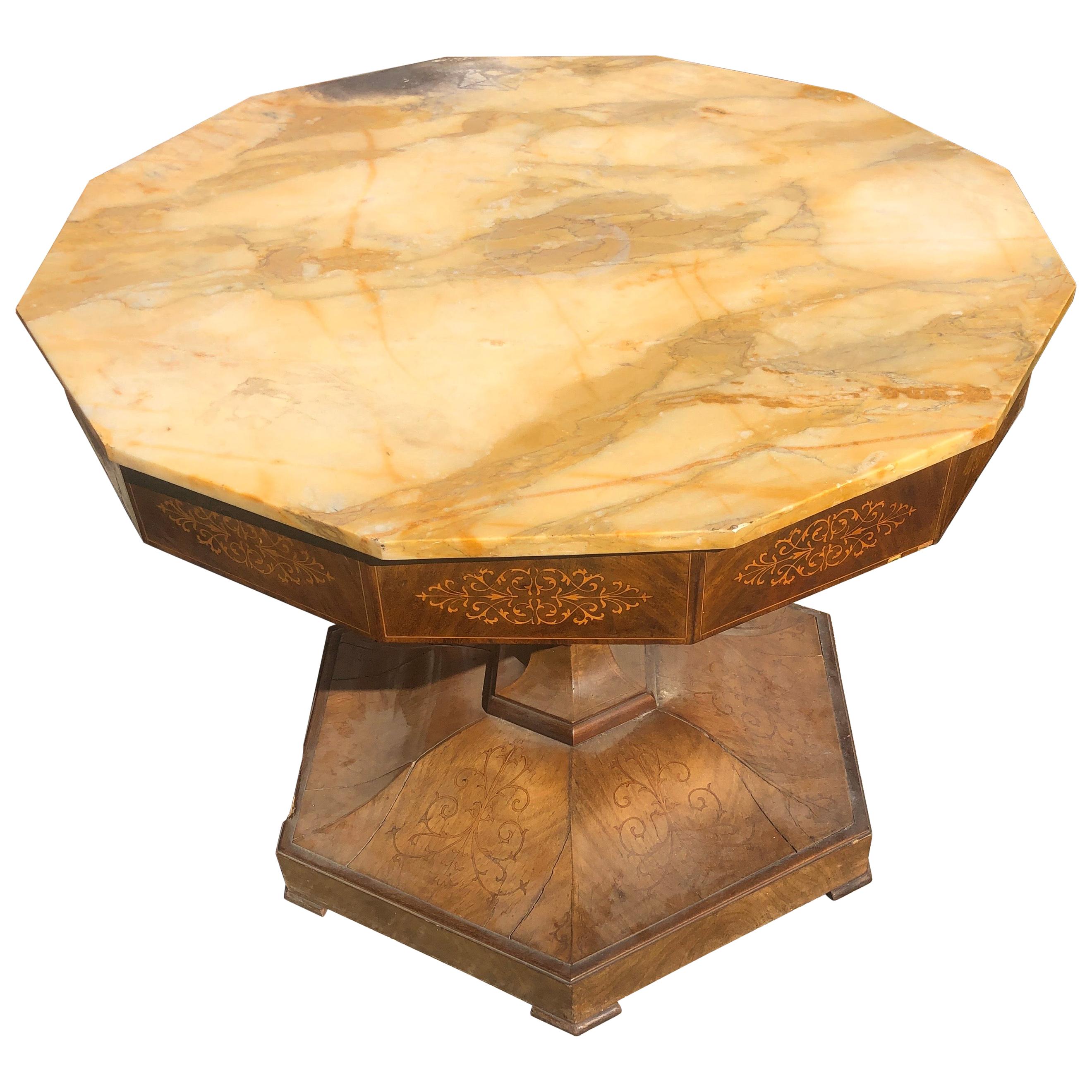 19th Century Italian Charles X Mahogany Inlaid Center Table Marble, 1830s