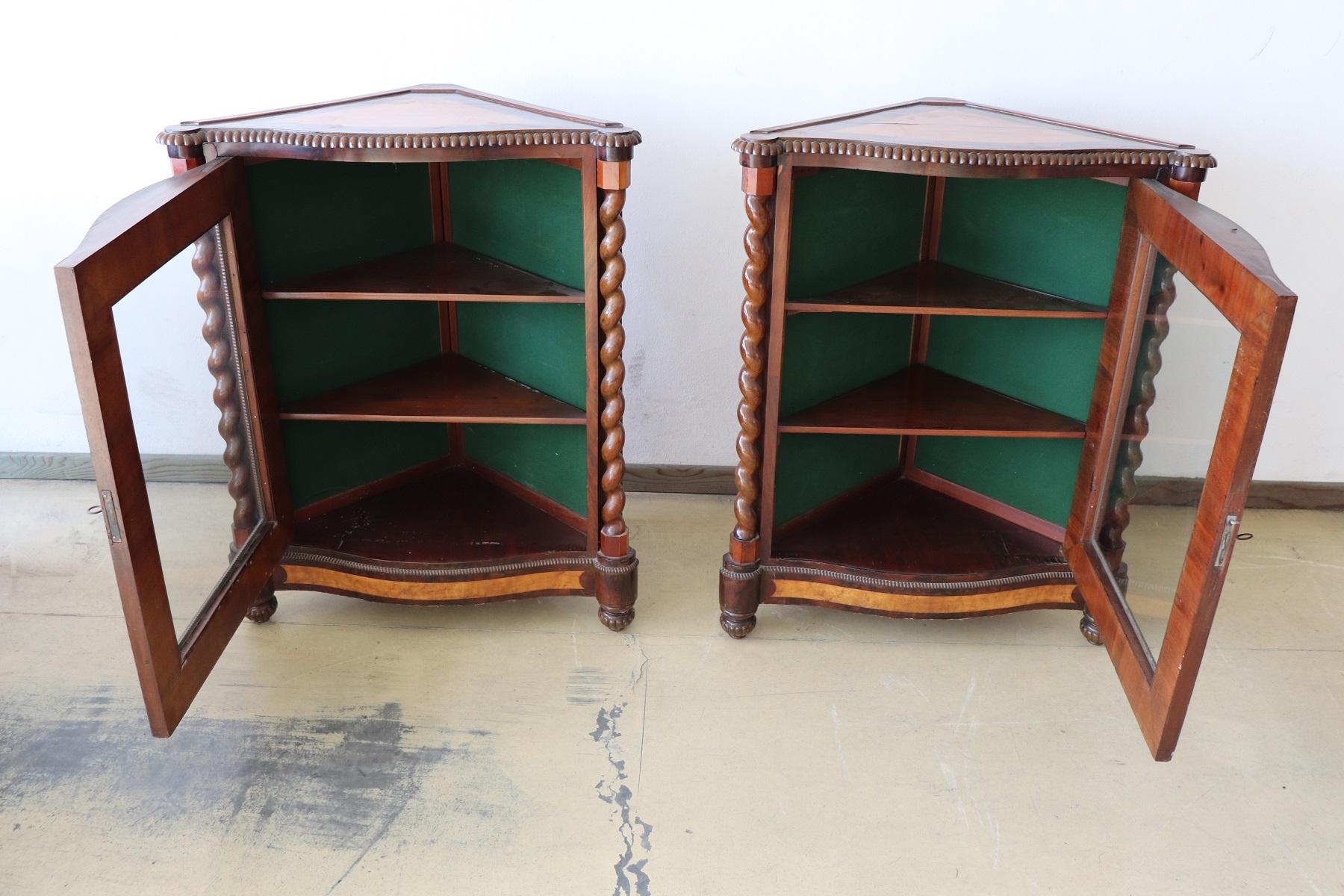 19th Century Italian Charles X Mahogany Pair of Corner Cupboard Corner Cabinet For Sale 3