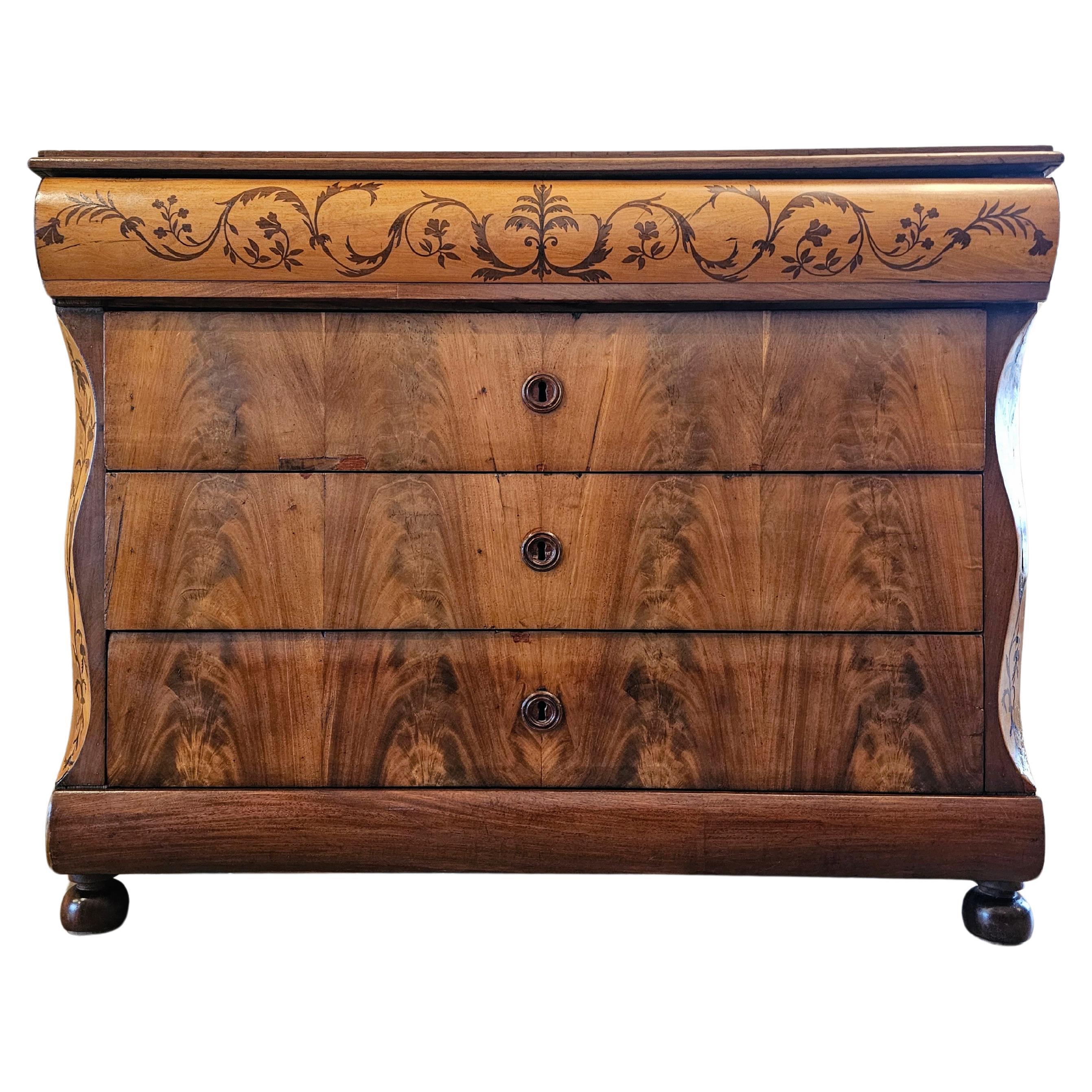 19th Century Italian Charles X Period Flame Mahogany Chest of Drawers For Sale