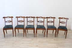 19th Century Italian Charles X Walnut Antique Dining Room Chairs, Set of Six
