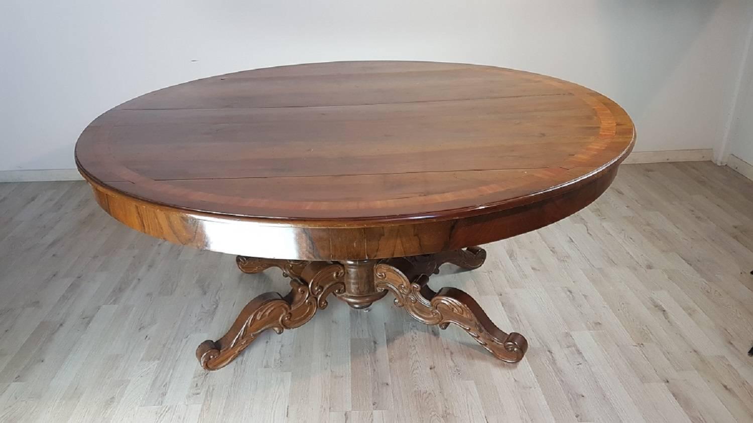 19th Century Italian Charles X Walnut Carved Inlay Round Table 1