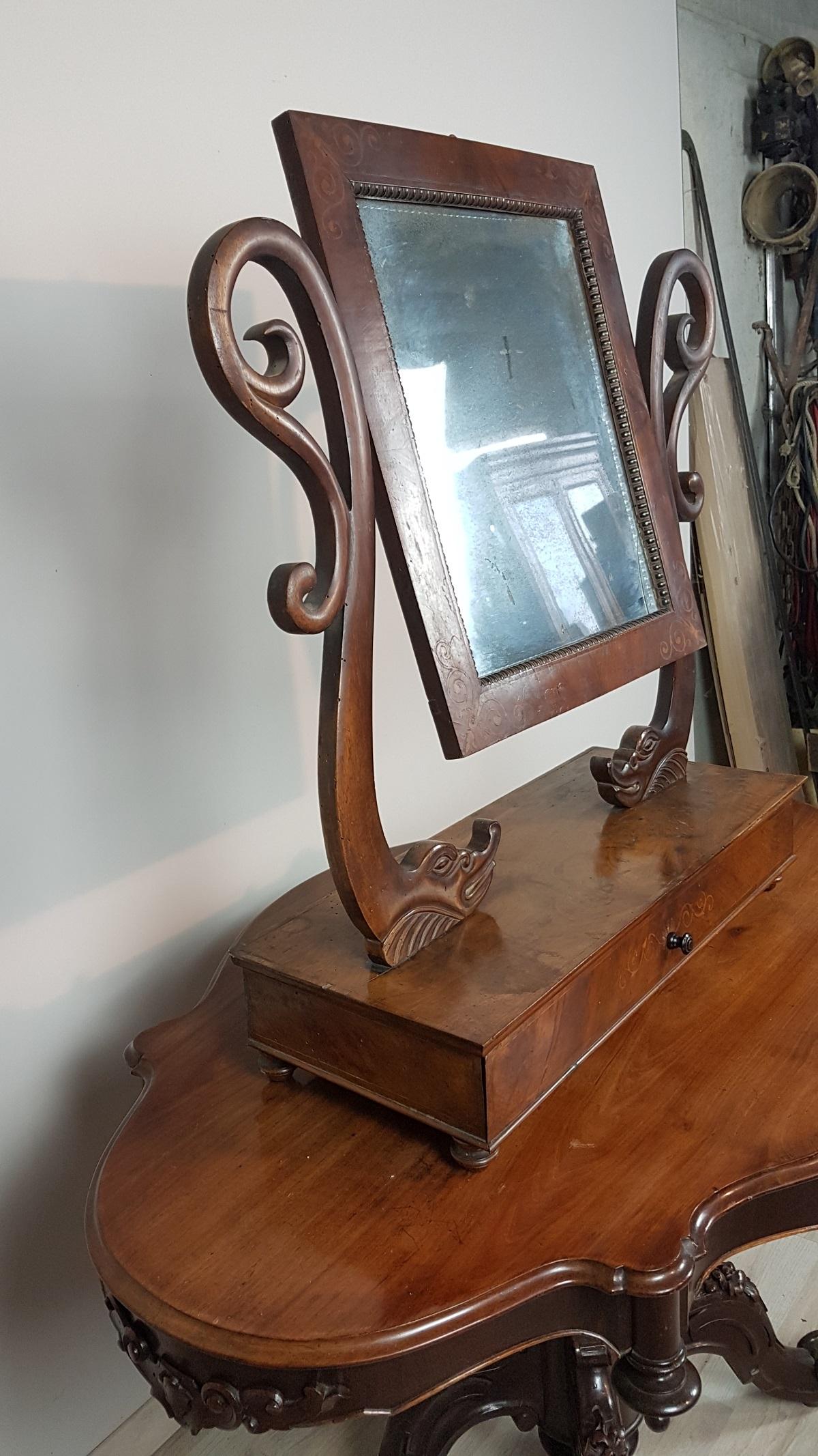 19th Century Italian Charles X Walnut Inlaid Dressing Table Mirror, 1830s 1