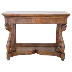 Antique 19th Century Italian Charles X Walnut Wood Inlaid Console Table