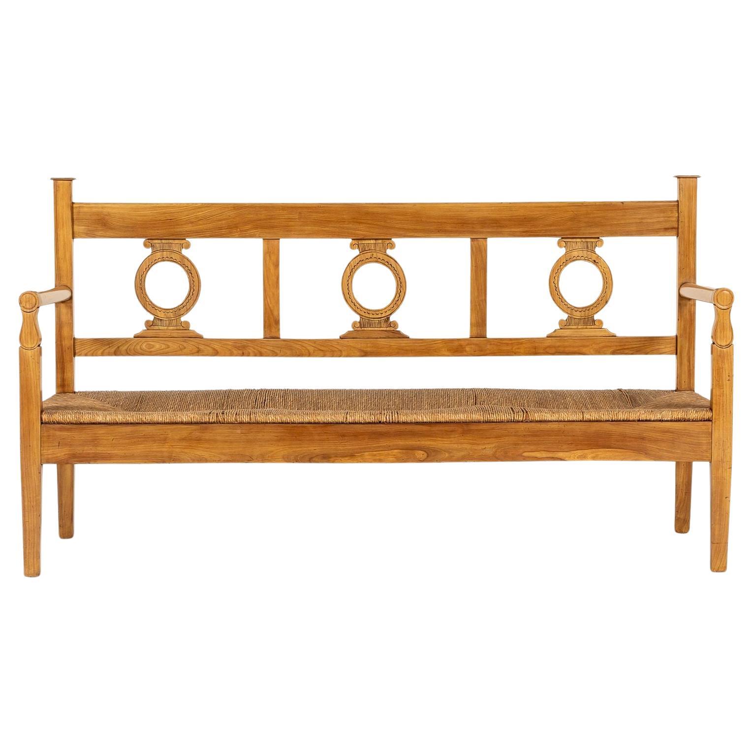 19th Century Italian Cherrywood Rush Seat Bench For Sale
