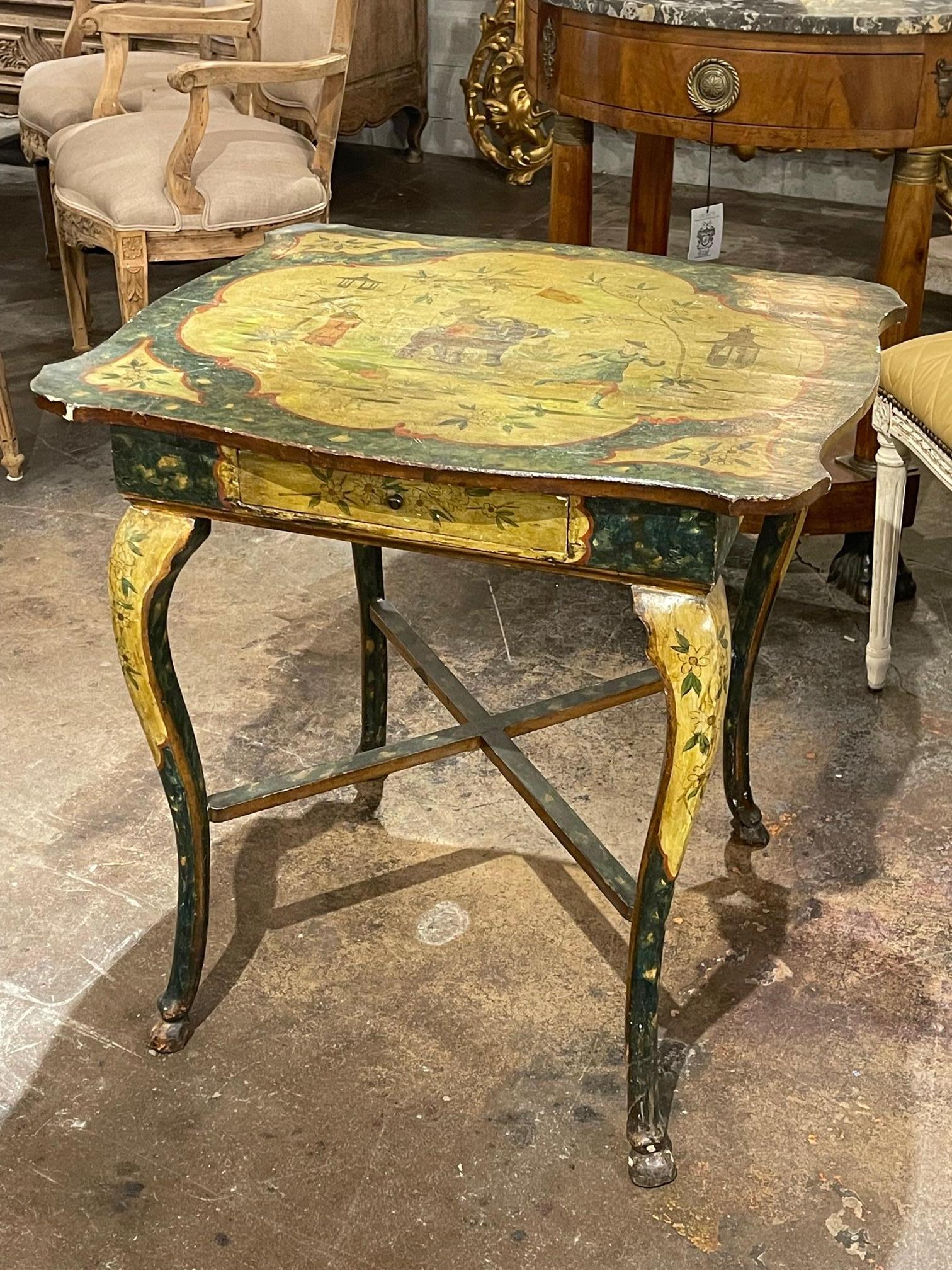 Beautiful decorative 19th century Italian Chinoiserie painted side table. Featuring a man riding on an elephant. So interesting! A real work of art.