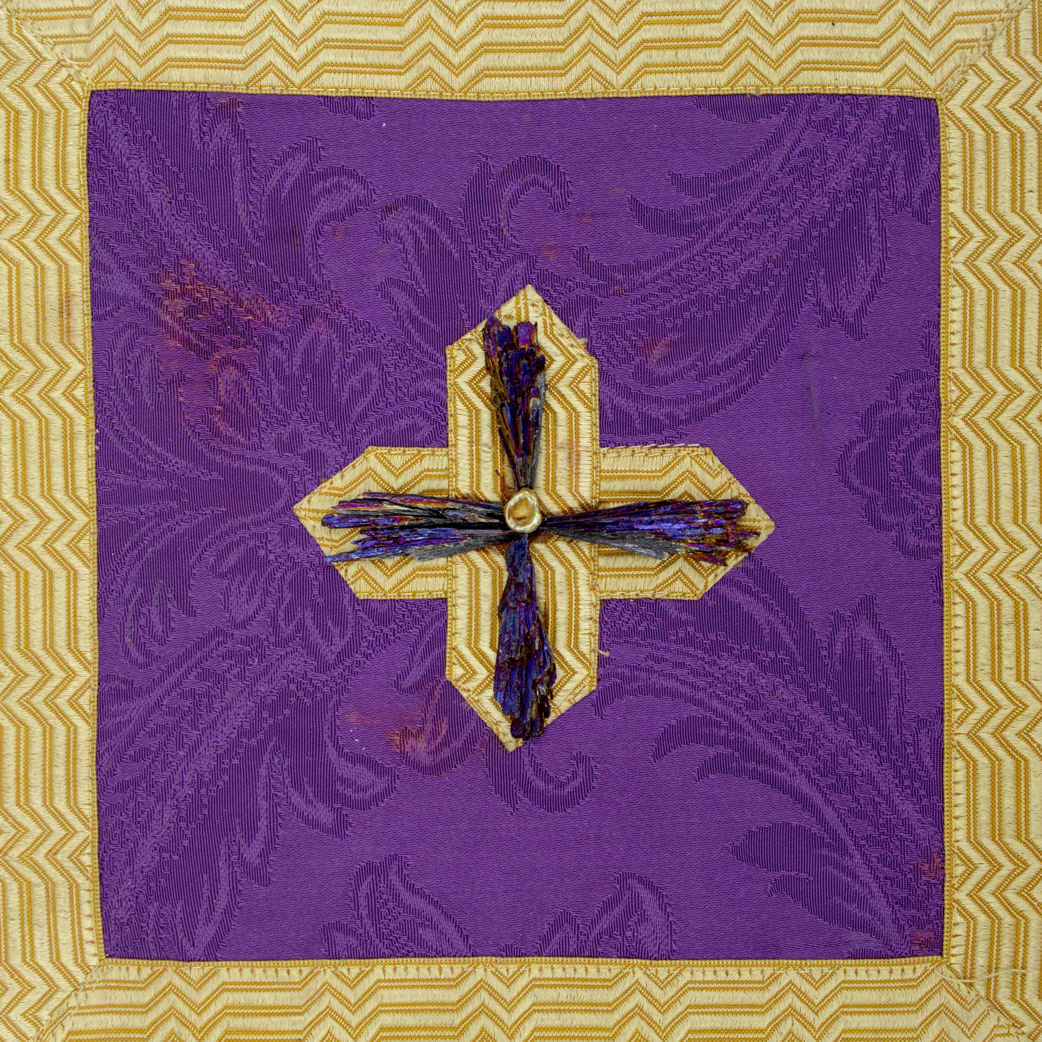 19th century Italian, hand-made royal purple chiesa borsa (church offering purse) with gold needle-work and ecclesiastical trim. The bag has been decorated with titanium kyanite and centered with a coordinating baroque pearl.

Available with or