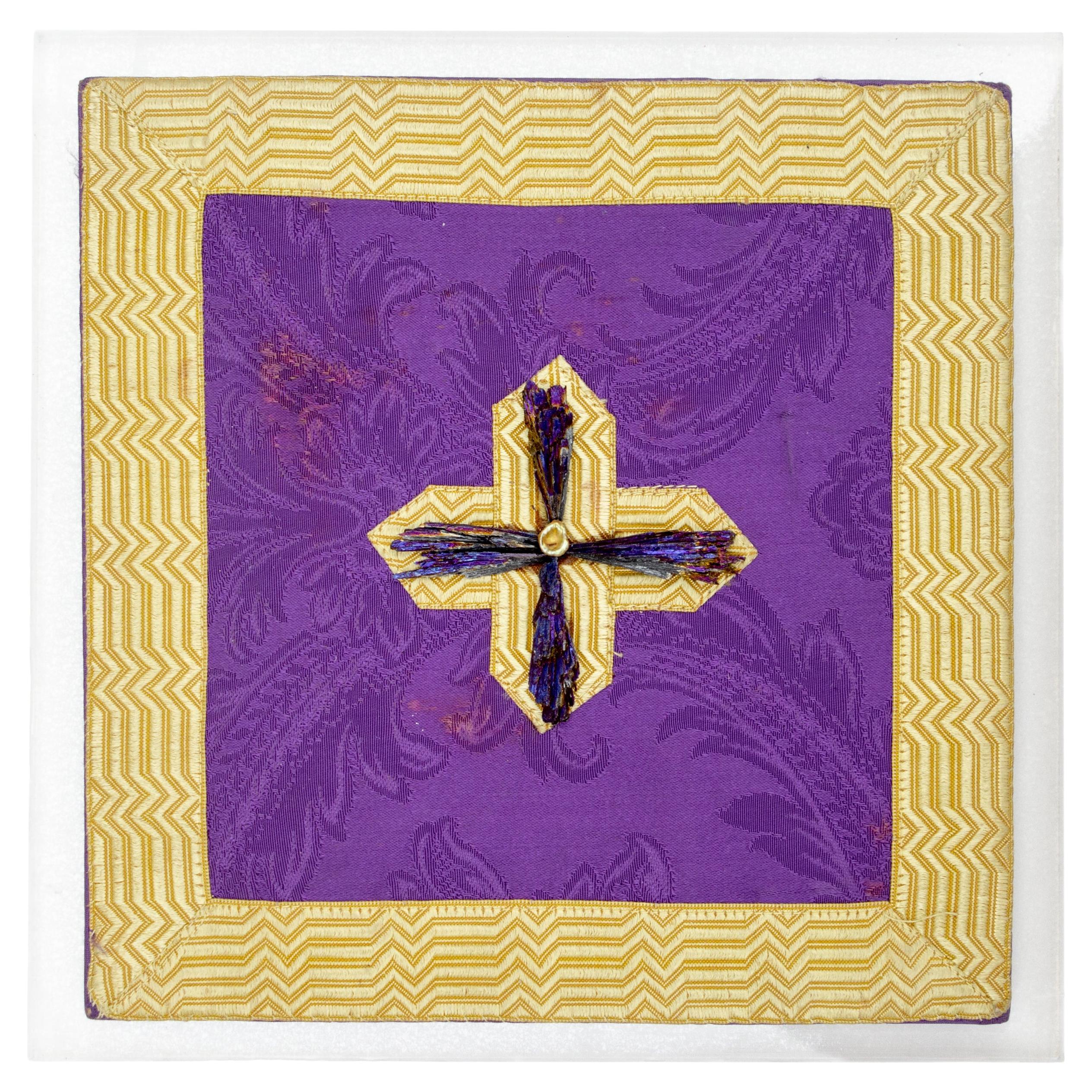 Borsa da chiesa italiana del XIX secolo in viola con decorazioni ecclesiastiche