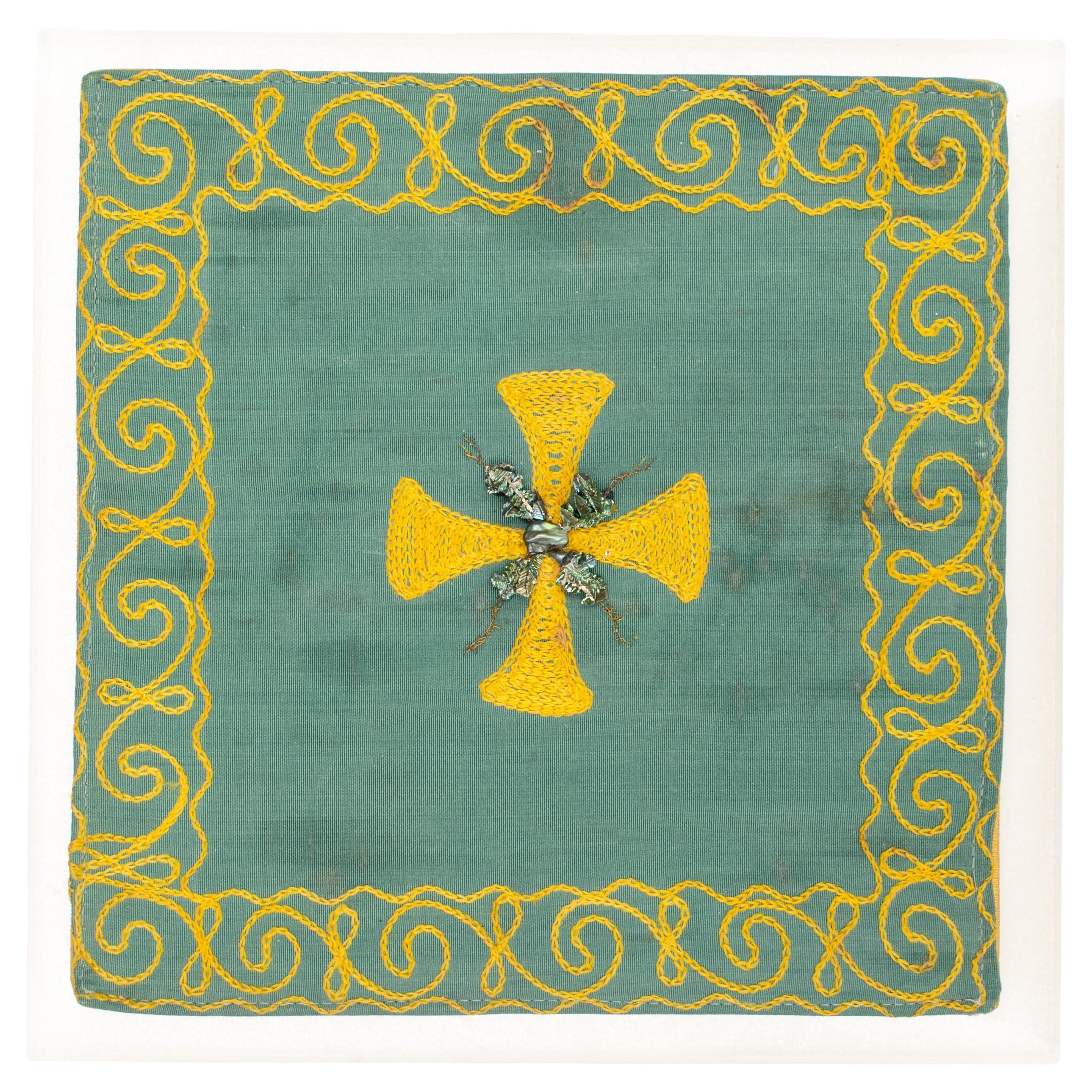 Borsa per l'offertorio della chiesa italiana del XIX secolo in verde acqua con decorazioni ecclesiastiche in vendita