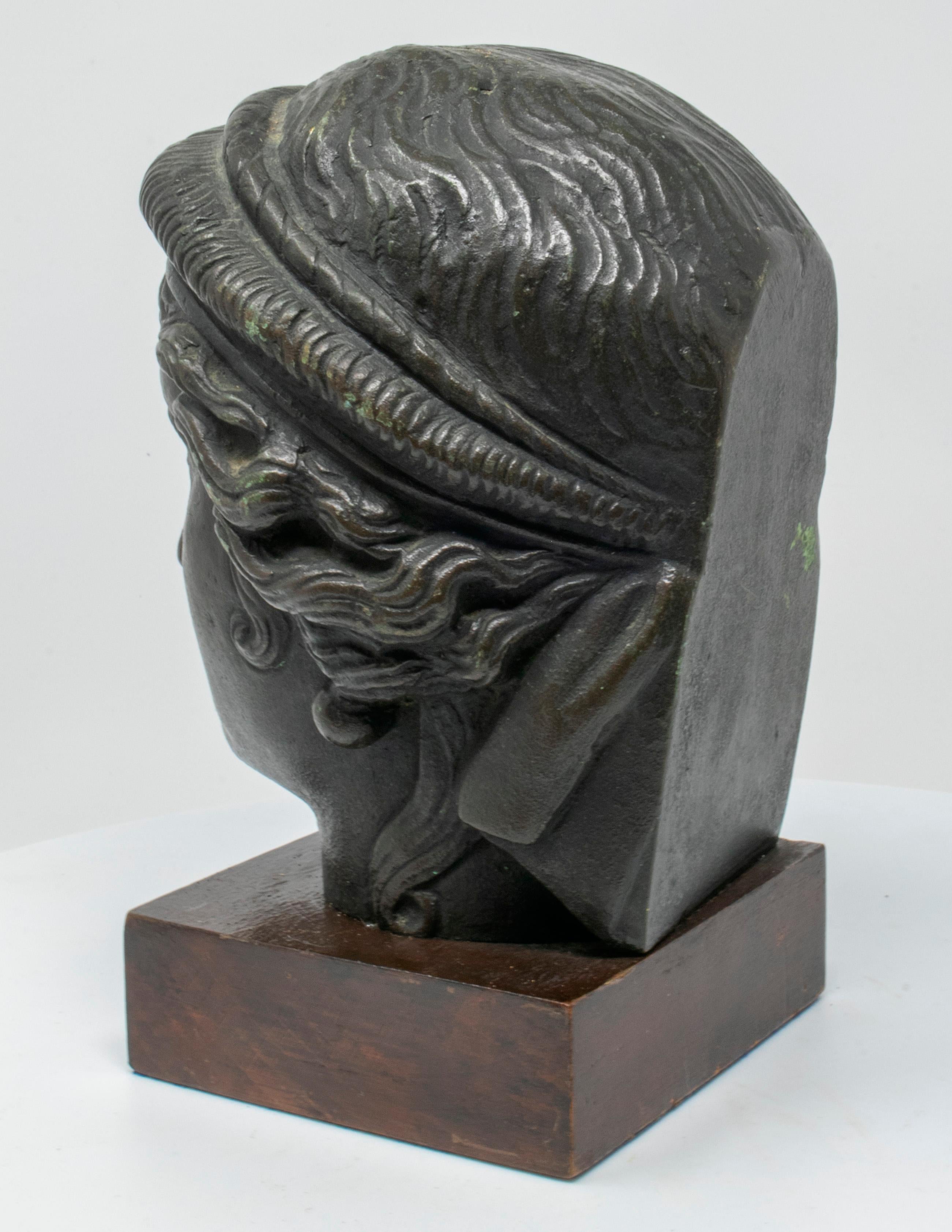 19th Century Italian Classical Greek Bust in Bronze on a Wooden Base 1