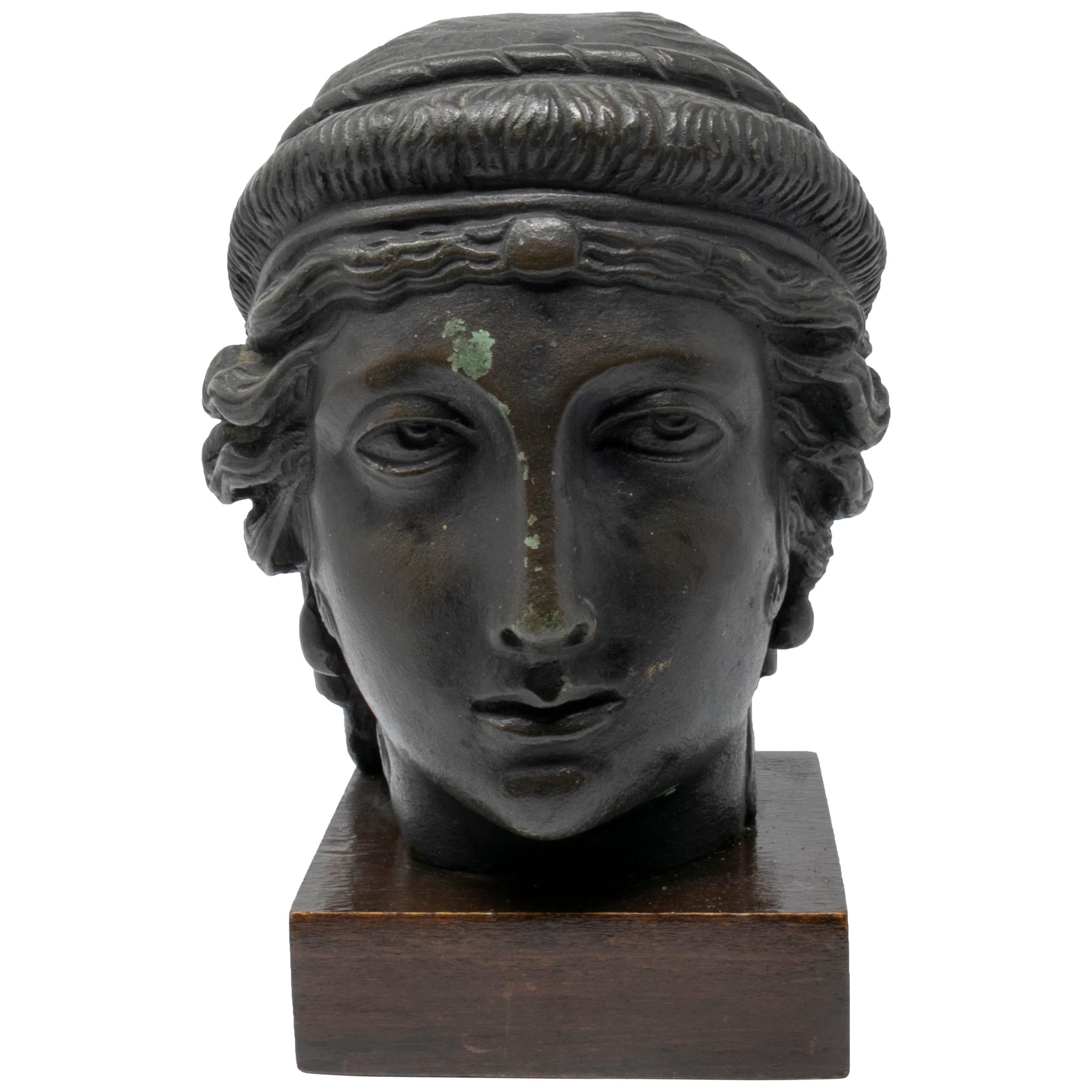 19th Century Italian Classical Greek Bust in Bronze on a Wooden Base