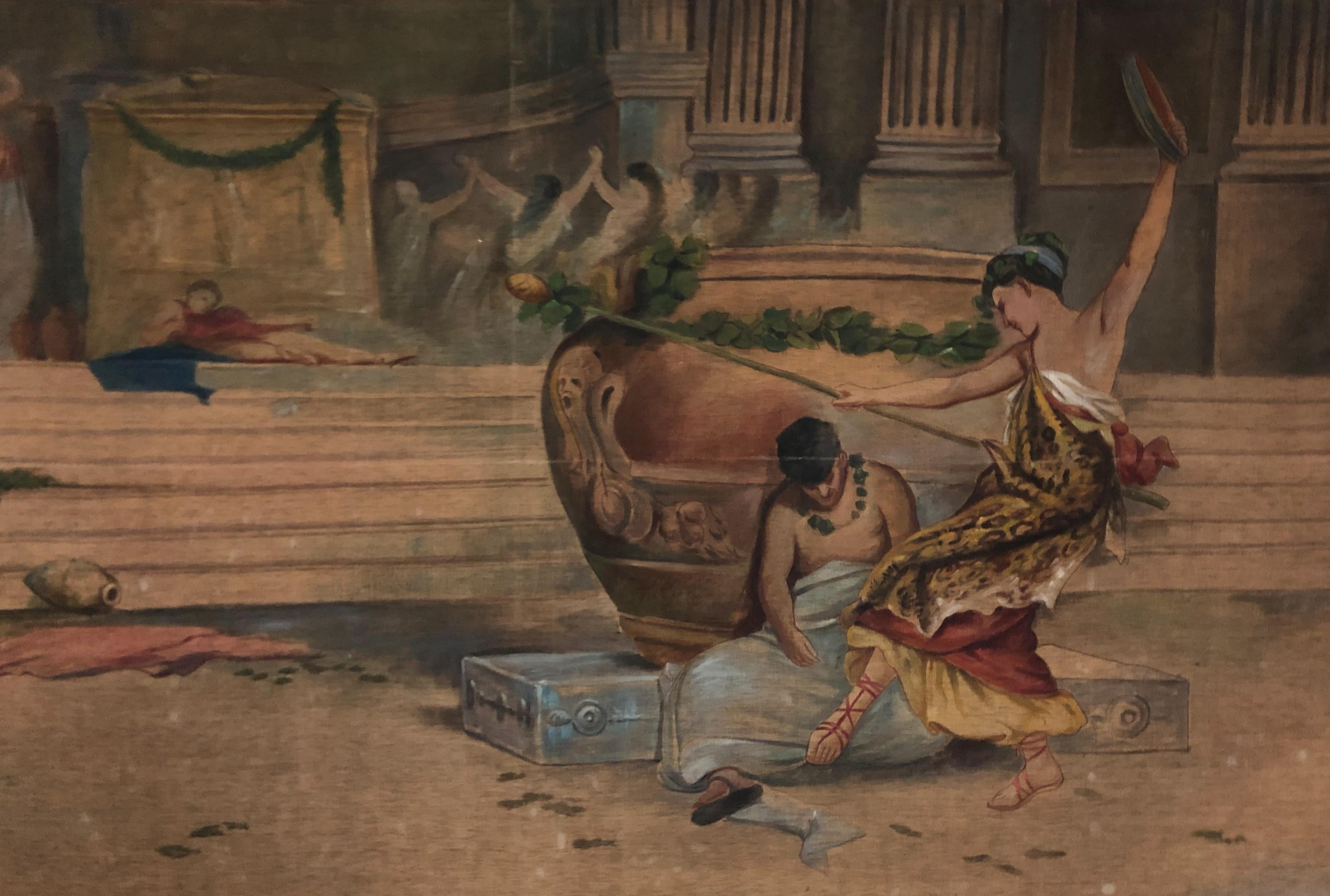 A very beautiful and classical Roman scene arras, made with the using of herb juice, an ancient arras technique invented in Japan and then diffused from the 17th-19th century in Europe and in Italy. The painting show a classical scene of roman life